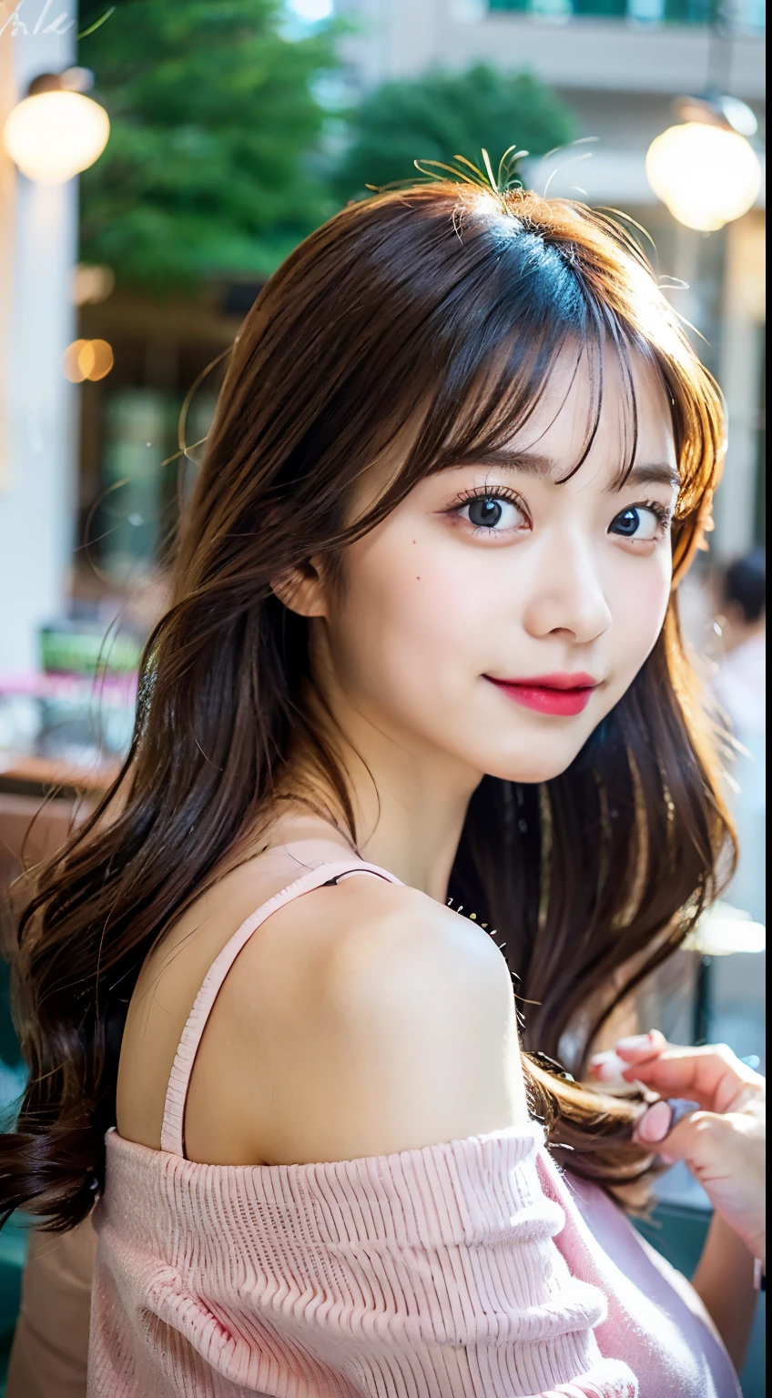highest quality、超A high resolution、(Photorealistic:1.4)、(1 girl:1.5)、Cute eyes、Iris、double eyelid、Off-the-shoulder shirt、Tight Skirt、(Dark brown hair:1)、View your viewers、Close-up、(Cafe:1.2)、Light pink lips