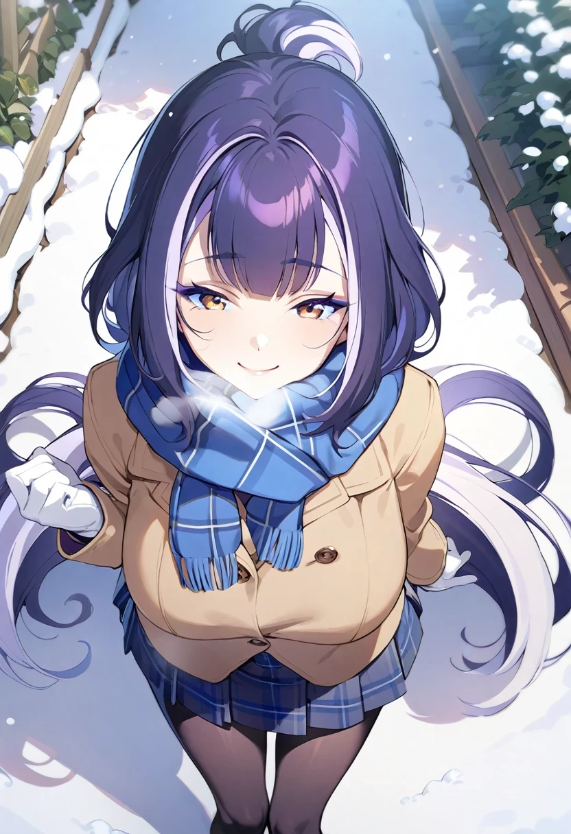 (shylily/(Twich/):1.5),(masterpiece:1.2),(best quality:1.2),{best quality}, {so beautiful}, {Very detailed}, {Best Illustration}, girl,garden,((Double tail)),Medium Length Hair,lean forward,outdoor,((Smile)),((winter clothes 17 years old school uniform)),green checked skirt,bag,winter,Snow Scene,Snowfall,suit,Plaid scarf,Fur Glovess,((White Breath)),Tweed coat,Tights,Loafers,Gloves,(steam),Large Breasts,((Solitary))