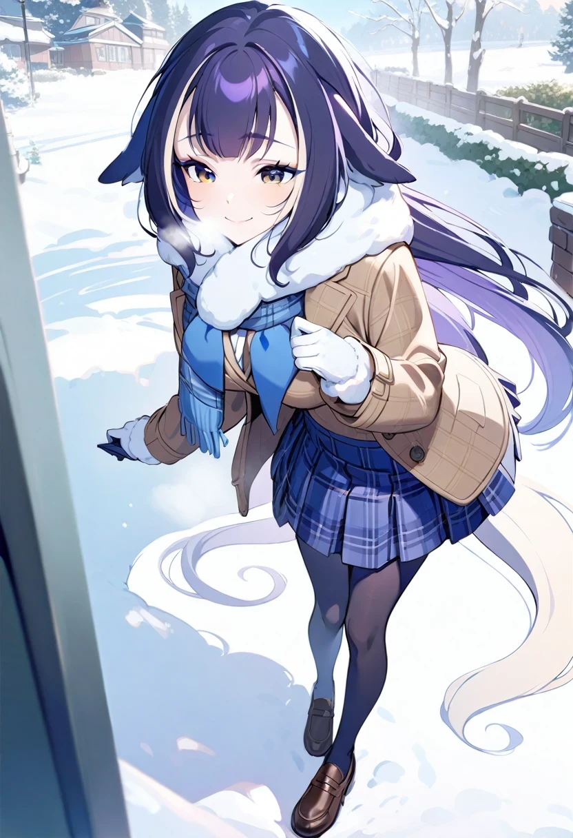 (shylily/(Twich/):1.5),(masterpiece:1.2),(best quality:1.2),{best quality}, {so beautiful}, {Very detailed}, {Best Illustration}, girl,garden,((Double tail)),Medium Length Hair,lean forward,outdoor,((Smile)),((winter clothes school uniform)),green checked skirt,bag,winter,Snow Scene,Snowfall,suit,Plaid scarf,Fur Glovess,((White Breath)),Tweed coat,Tights,Loafers,Gloves,(steam),Large Breasts,((Solitary))