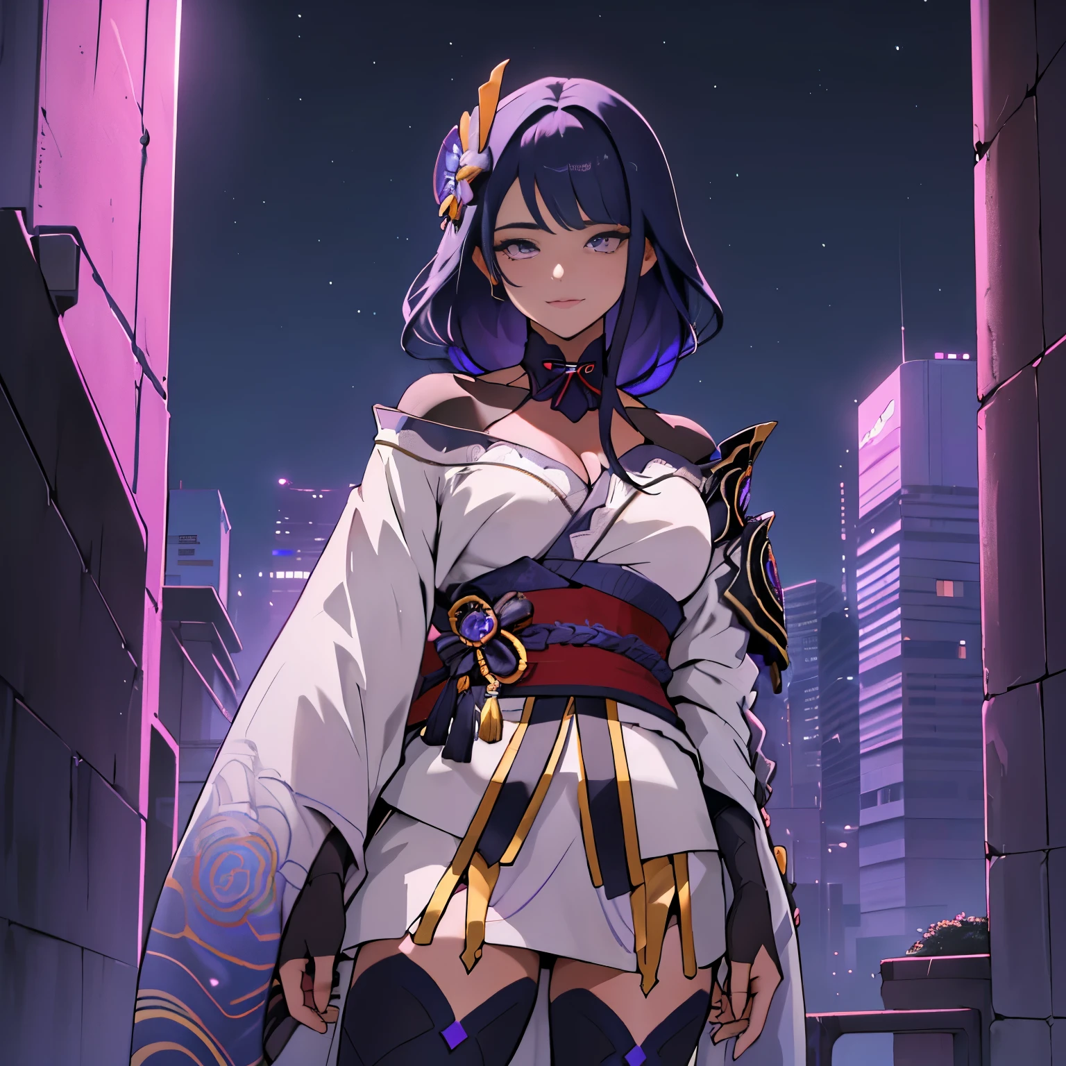 anime, (obra de arte, melhor qualidade, ultra-detalhado, alto contraste), 1 mulher (Sozinho, corpo todo, corpo plus size, standing on the edge of the skyscraper, cabelo prateado, CABELO LONGO E FLUXO, olhos vermelhos brilhantes de rubi, (Kimono preto, black cybernetics with neon pink), meias pretas transparentes), (skyscraper roof, com vista para uma cidade, fundo detalhado ((night time, Darkness, low light pollution)))