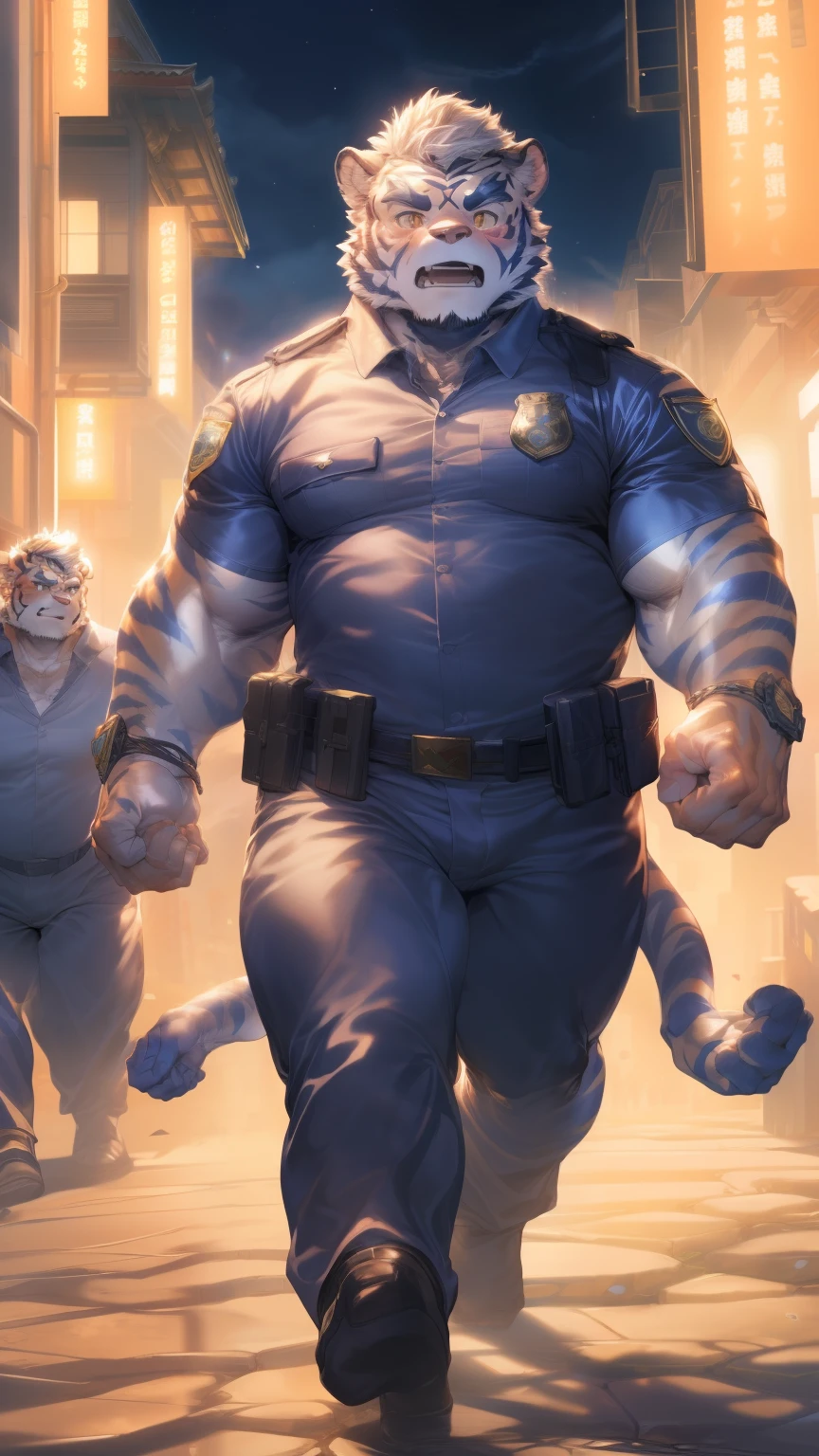 (through empty ghost, From thebigslick, through dark gems, Will chase), Keyuan Tower (Onmyoji Daisenji Temple), High quality photos, Perfect anatomical structure, Anthropomorphic white tiger, Men, 26 years old, thick eyebrows, (short hair:1.5), Light blue stripes, tall, Black tight police uniform, Open neckline, Black leggings, Small bump, Standing on the streets of a metropolis, A hand waving a fist,The other hand holds a pistol,Angry expression, blush, Golden pupils, Look at the audience, Clear facial features, strong, Solitary, solo, Front view, Full body image, night,On the streets of a metropolis,Correct gestures