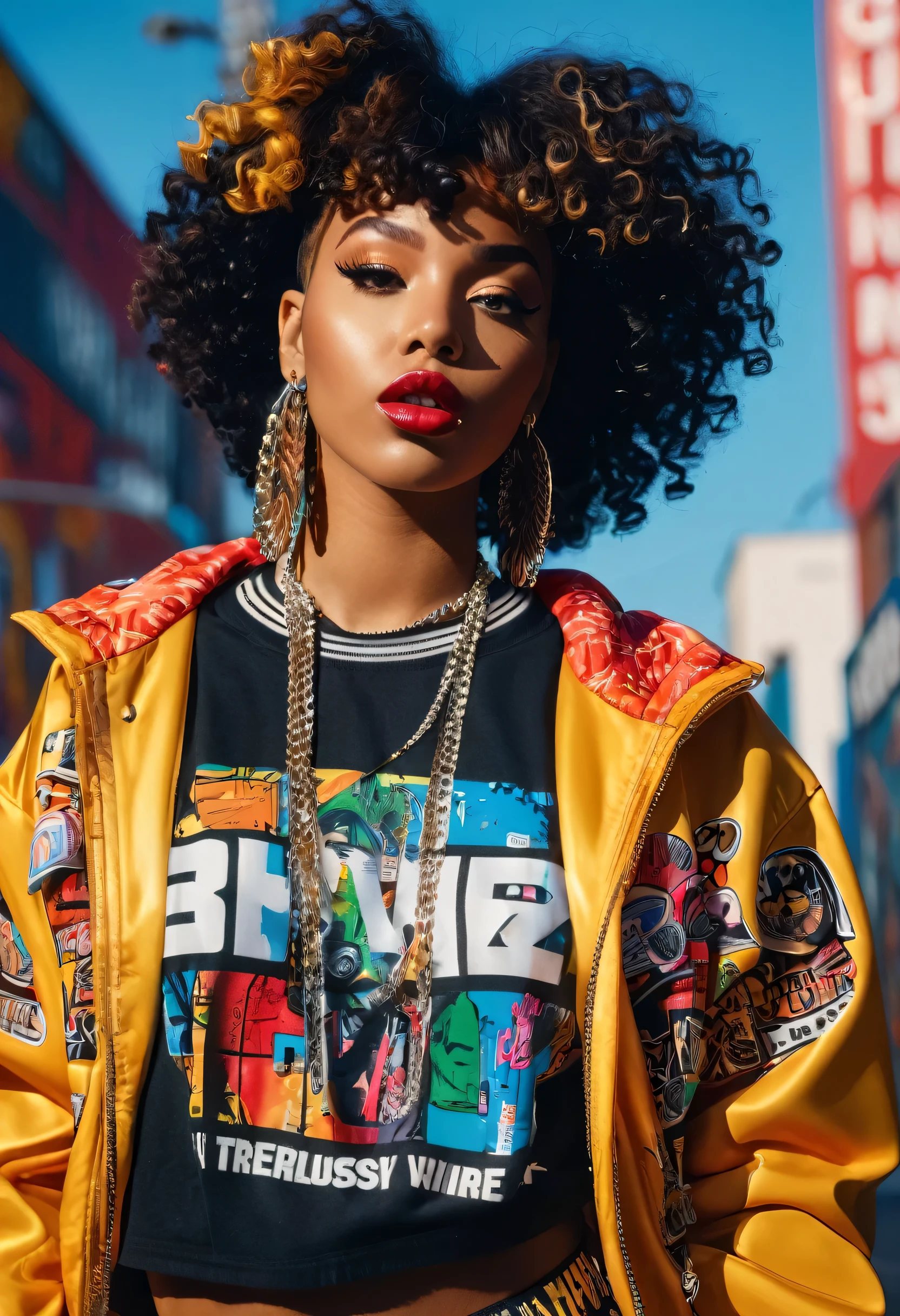 (best quality,4k,8k,highres,masterpiece:1.2),ultra-detailed,(realistic,photorealistic,photo-realistic:1.37),hip hop fashion,portrait,colorful,retro,vibrant colors,pixelated style,detailed facial features,expressive eyes and lips,urban background,stylish clothing,cool poses,graffiti details,shiny accessories,cultural elements,street art vibes,dynamic lighting,creative composition,striking contrasts,stylized hair,funky patterns,oldschool vibes,confident expressions,energetic atmosphere,hip hop music influence,playful attitude,urban fashion trends,artistic expression,emotionally charged,uniqueness and individuality,lively characters,positive energy,detailed textures,street style fashion,eye-catching poses,authentic representation,creative .