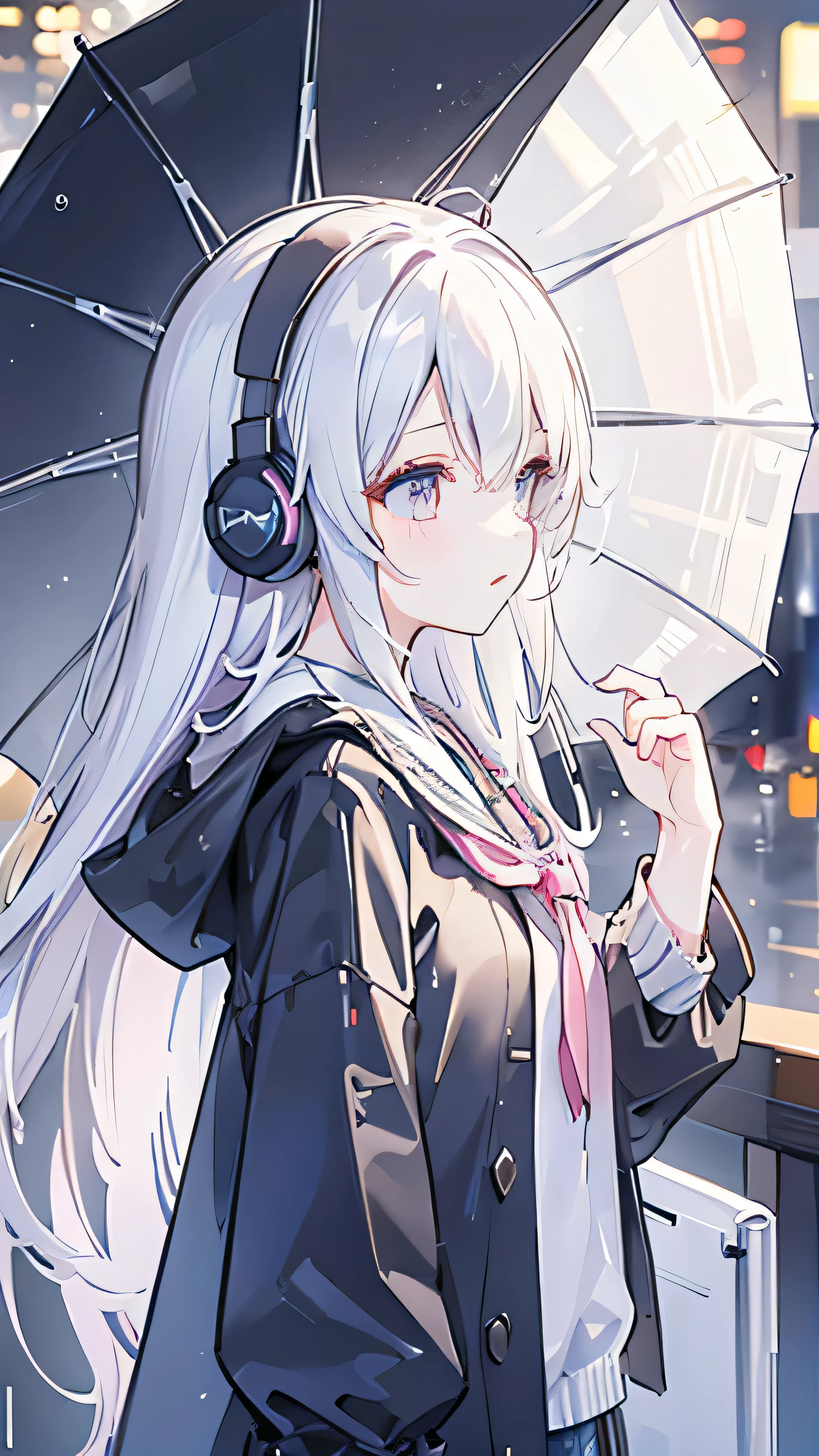 best quality,ultra-detailed,realistic,photorealistic:1.37,HD,UHD,highres,(studio lighting),(sharp focus),(physically-based rendering),(extreme detail description),(vivid colors),(bokeh),(rainy night),(umbrella),(headphones),(girl's profile),(cold personality),(cityscape)

Note: Please organize the prompt into a single line without any explanations or additional characters.