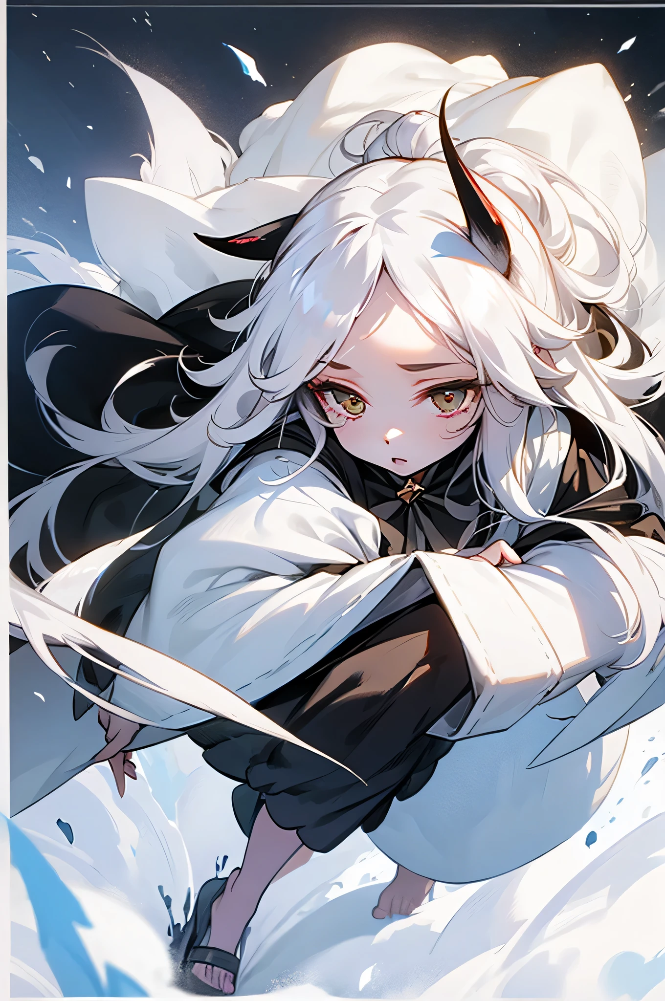 Girl 12 years old, fingers and toes jet black, snow white skin, long white hair, A black horn about 30 centimeters long protrudes from the center of the forehead., slightly curved upward, white tail and white wolf ears.