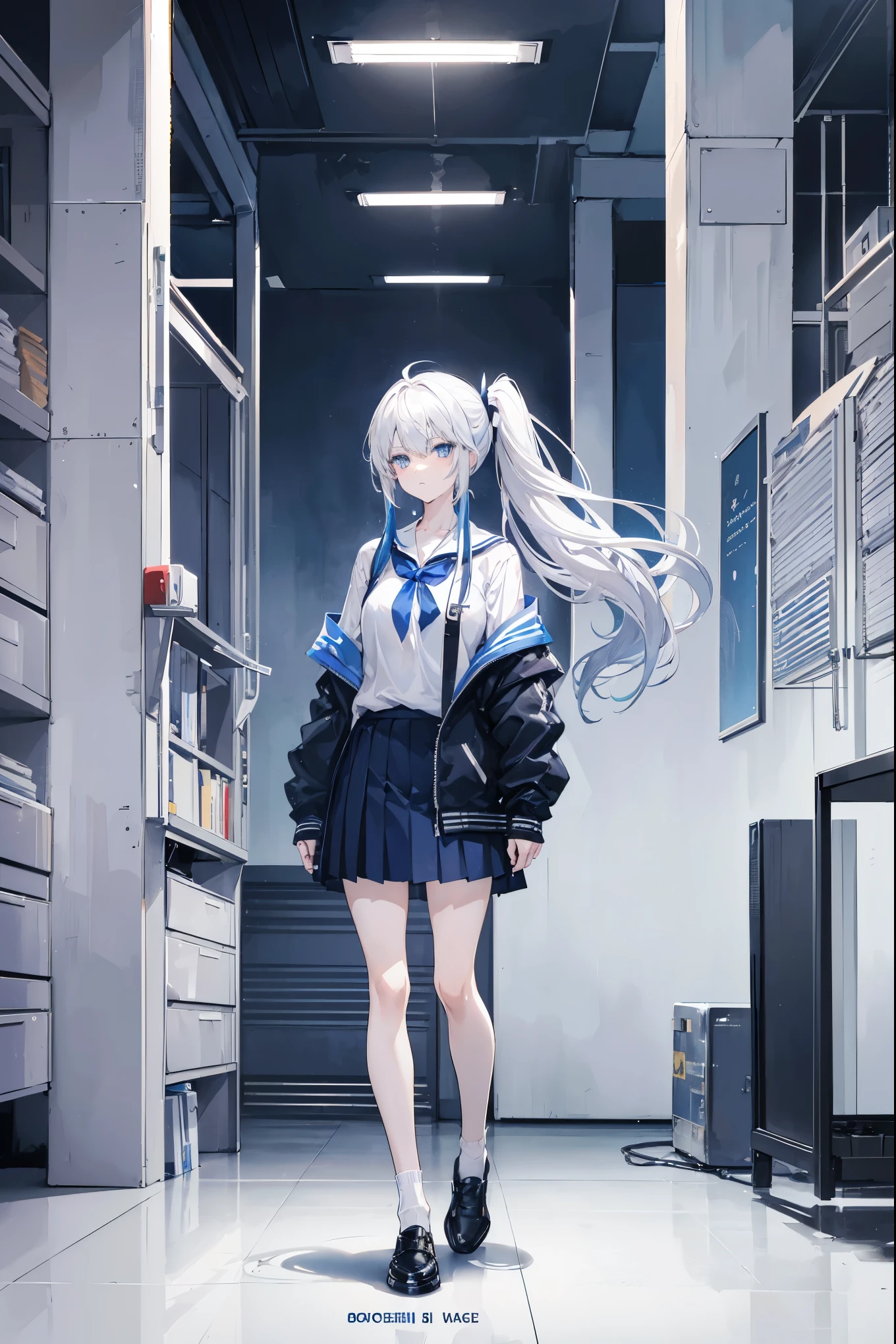 "anime girl, 1 person, silver white hair, dark blue eyes, shoulder-length hair, long ponytail, ((women's shirt)), women's jacket, dark blue skirt, school uniform, white socks, shoes  skin, medium chest, serious face, full body, solo, viewed from various angles," (full HD 4K+ image)"