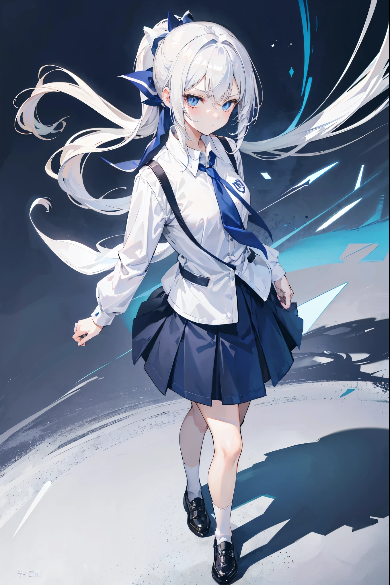 "anime girl, 1 person, silver white hair, dark blue eyes, shoulder-length hair, long ponytail, ((women's shirt)), women's jacket, dark blue skirt, school uniform, white socks, shoes  skin, medium chest, serious face, full body, solo, viewed from various angles," (full HD 4K+ image)"