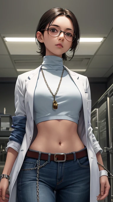 In scp facility, Girl in Laboratory, Turtle-neck, lab coat, showing navel, belt, Exposing the abdomen below the navel, well-dressed, glasses, blue jean, laboratory, (chain bound arms), (both hands are bound and is hung from the ceiling)