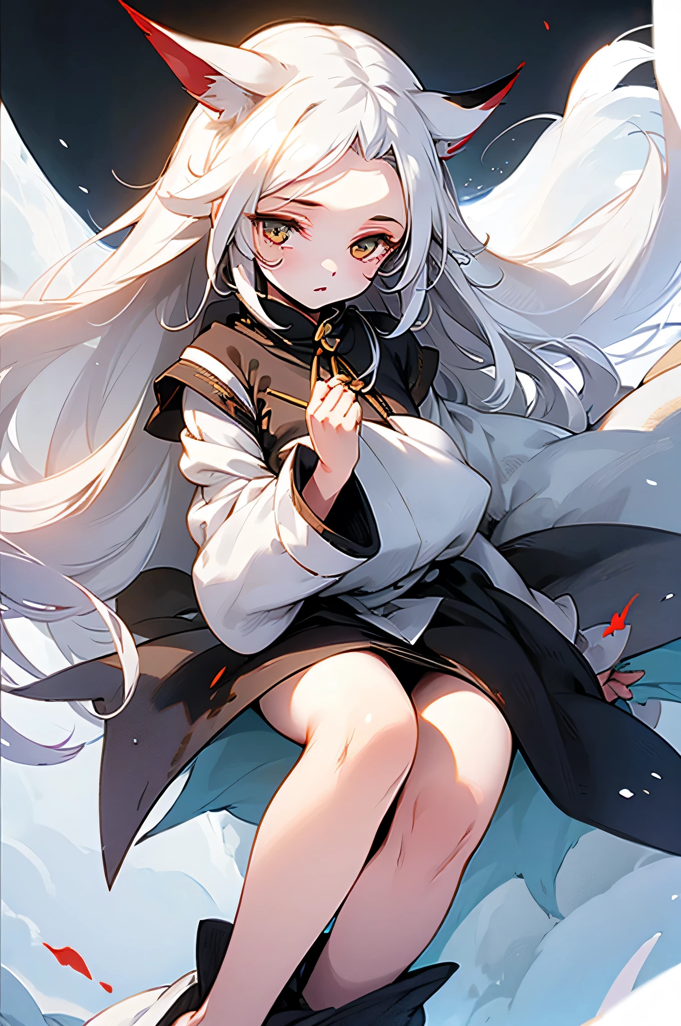 Girl 12 years old, fingers and toes jet black, snow white skin, long white hair, A black horn about 30 centimeters long protrudes from the center of the forehead., slightly curved upward, white tail and white wolf ears.