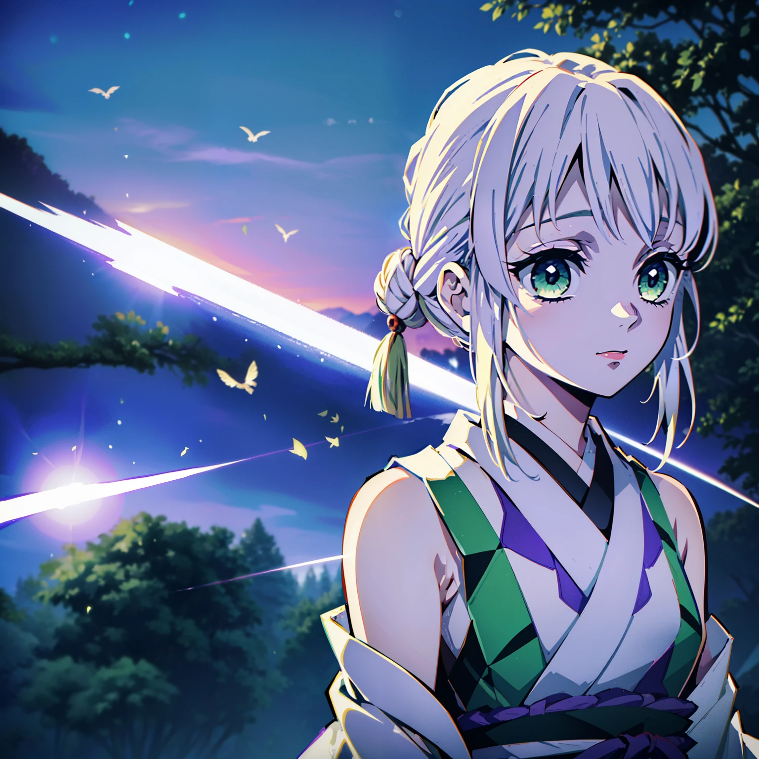 Kimetsu no Yaiba style, (((1girl))), solo, green colored eyes, white colored hair, extra very long hair, double bun, hairpin, Sleeveless lilac kimonos, detached sleeves, Obi Green Belt, painted lips, hair ornament, ssmile, in the woods, Birds fly in the sky, Evening sky, Sundown, Fireflies, Lilac shadows on the eyelids, makeup, ((Masterpiece)), ((portraite of a)), in a Japanese house, (tmasterpiece), (beste-Qualit), (overdetalization),(straight hair),(illustartion), (a 1girl), (trendy clothes), stands, Model, looks at the viewer, (interview), (Simple background), beautiful detail eyes, Gentle beautiful face, soaring, (high saturation), (Colorful splashes), Colorful Bubble, (radiance), facial focus, (radiance), better lighting, better shadow, (tmasterpiece, hiquality, beste-Qualit), 8k wall paper, super detaill,