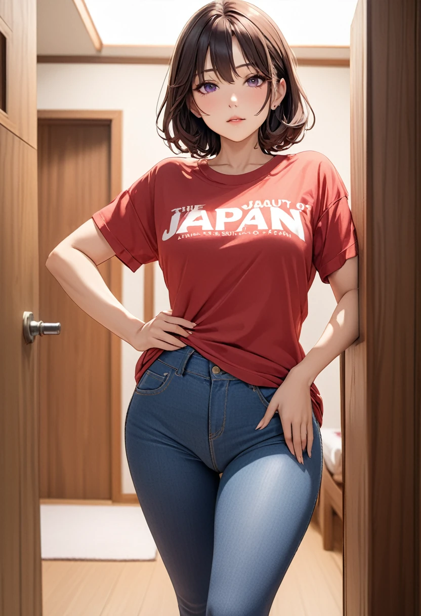(((masterpiece))),(((high resolution)))、(((8k)))、(((Perfect face)))、(((The Beauty of Japan)))、40 years old、(((Pretty Face))), (((Girls' room))), (((t-shirt))), ((Hot Pants)), ((Tights)), Embarrassed look, Looking at the camera, Top quality eyes, Detailed texture, Looking at the camera, whole body, Large target , Married woman, Cool Woman
