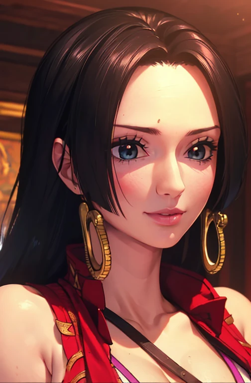 best quality, masterpiece, highly detailed,1girl, Boa Hancock, (masterpiece:1.5), Detailed Photo, Smiling, Sexy, (8K, Photorealistic, Best Quality: 1.4), (1girl), Beautiful Face, (anime realistic Face), (Black Hair, long Hair: 1.3), Beautiful Hairstyle, Realistic eyes, beautiful detail eyes, (realistic skin), beautiful skin, (sweater), absurd, attractive, ultra high resolution, ultra realistic, high definition, golden ratio, ( aroused:1.5), wear a white 