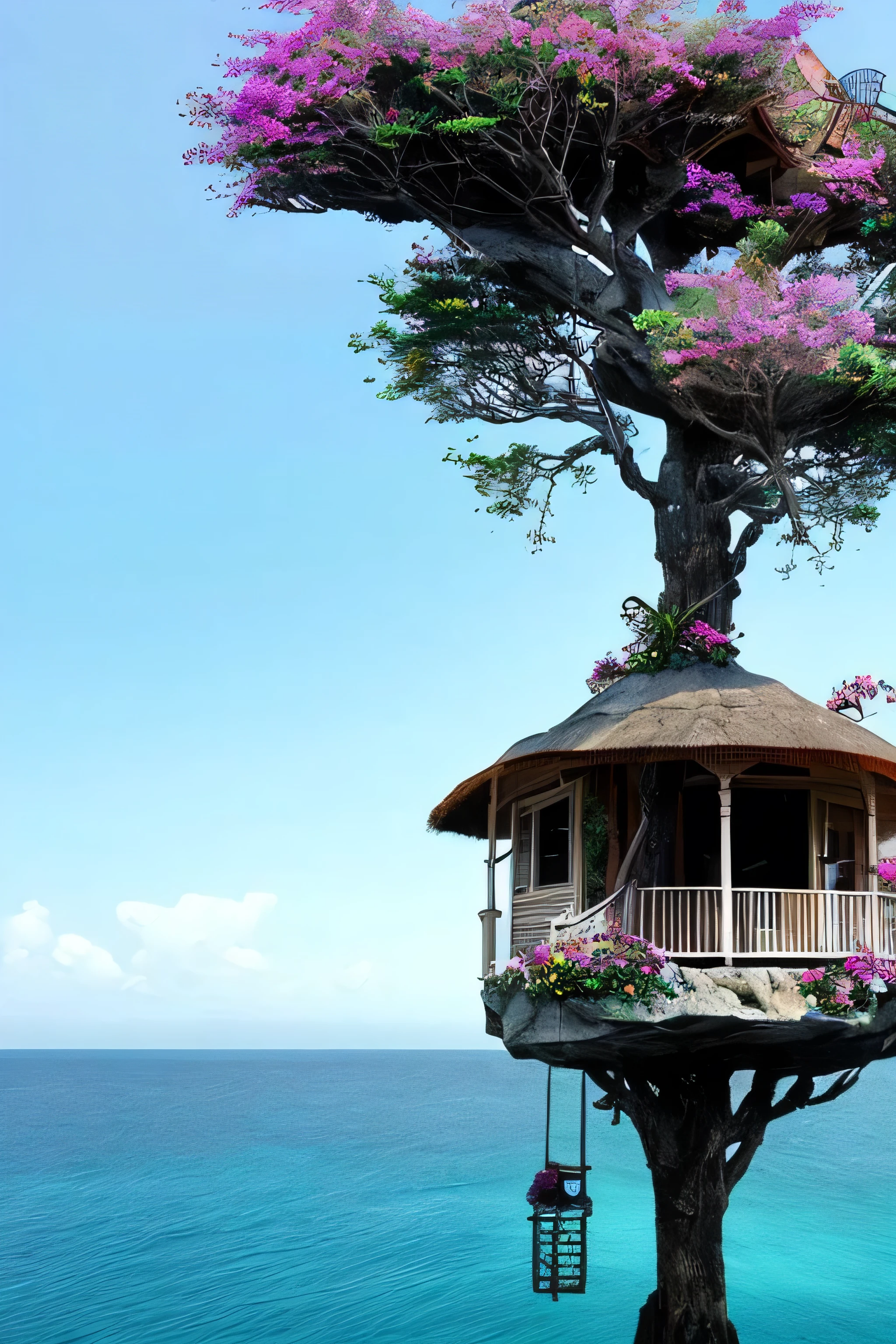 Perfection The Coolest tree house on a large rock in the middle of the sea with flowers in front of the house and trees on both sides of the house