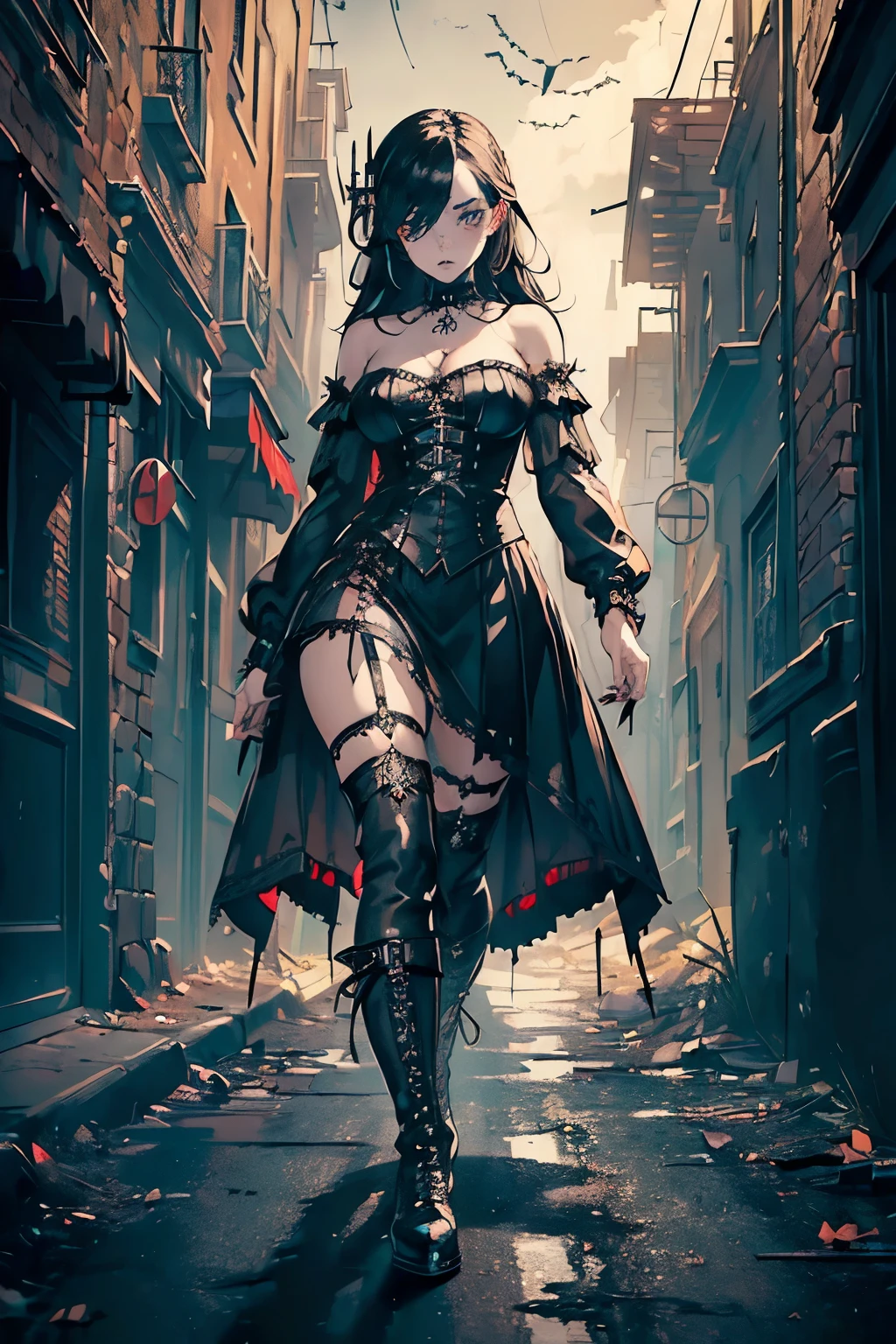 Gothic Punk、The inside color is red、Black-haired、hair ornaments、Beautiful girl、creative、Dark Fantasy Style、Goth Fashion,Tight mini skirt、Fine skin、Realistic textured hair、((Black Mask)),Whole Body Ezbian,19th century London, Complex clothing, lingerie,Angle from the feet, Angle from below, Angle looking up from below,