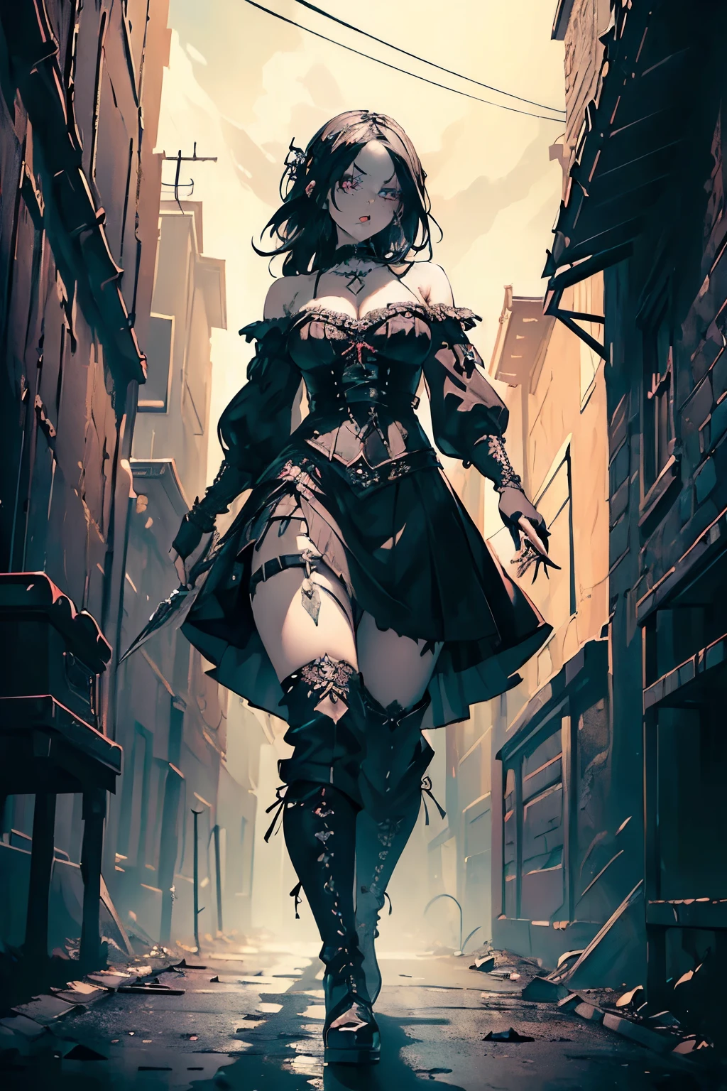 (Masterpiece, Beautiful Gothic Girl:1.5), (Dark and noticeable makeup:1.0), (Thick lines around eyes:1.0), (Necklace made out of rodent skulls:1.0), Abdominal free bustier:1.5), Leather skirt:1.5), Heavy Boots:1.0), (Walking down a street:1.0), (Apocalyptic wasteland:1.0), (Village:1.0), (Knife strapped to left boot:1.0), Reflective gothic makeup, (Eyes with intricate details:1.0), (Dramatic