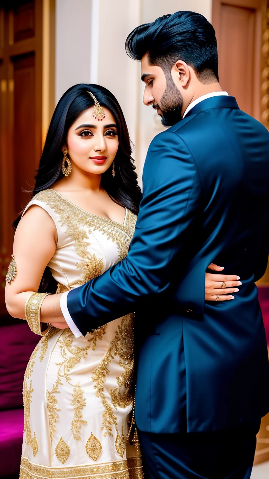 Beautiful pakistani 25 year old girl and man in l classy dress, 8K, sharp image, dynamic couple pose, big hips, looking at the viewer, shot from behind