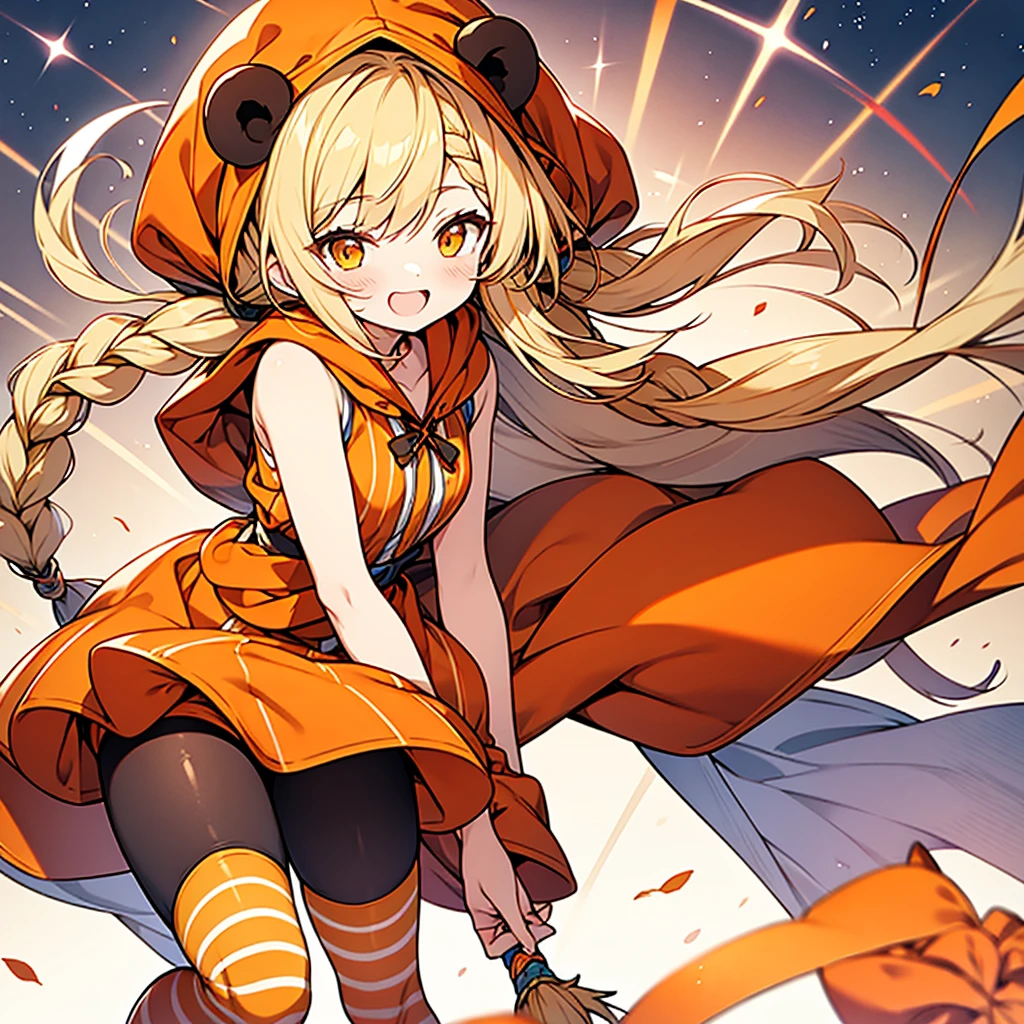 beautiful anime style,bear ears,little orange riding hood,
honey blonde braided twintails hair,orange sleeveless witch clothes,short pants,striped tights,laugh,