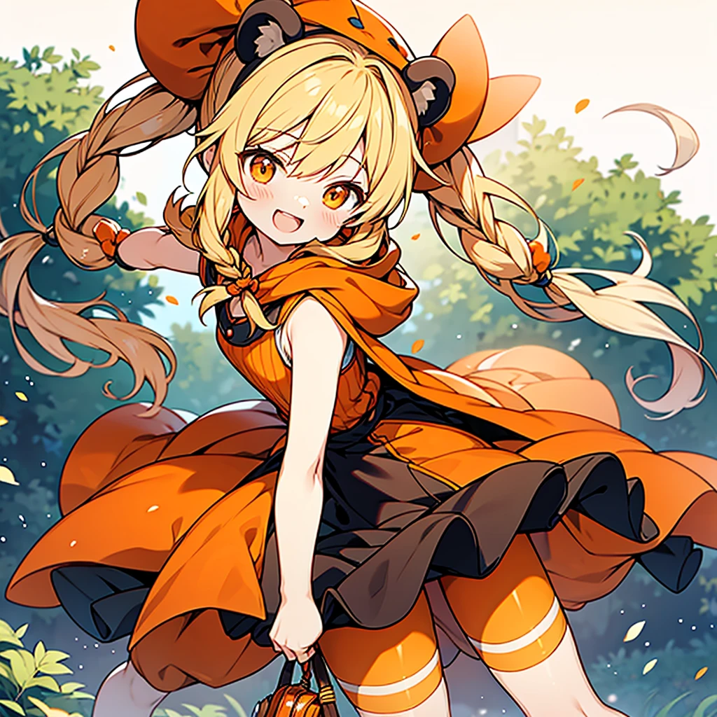 beautiful anime style,bear ears,little orange riding hood,
honey blonde braided twintails hair,orange sleeveless witch clothes,short pants,striped tights,laugh,