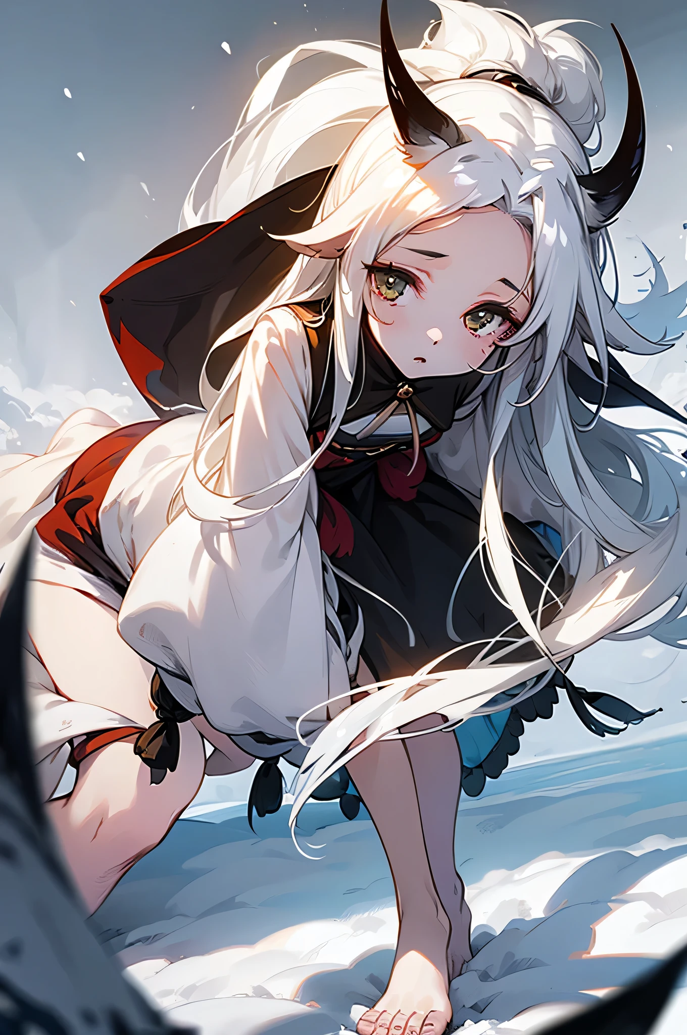 Girl , fingers and toes jet black, snow white skin, long white hair, A black horn about 30 centimeters long protrudes from the center of the forehead., slightly curved upward, white tail and white wolf ears.