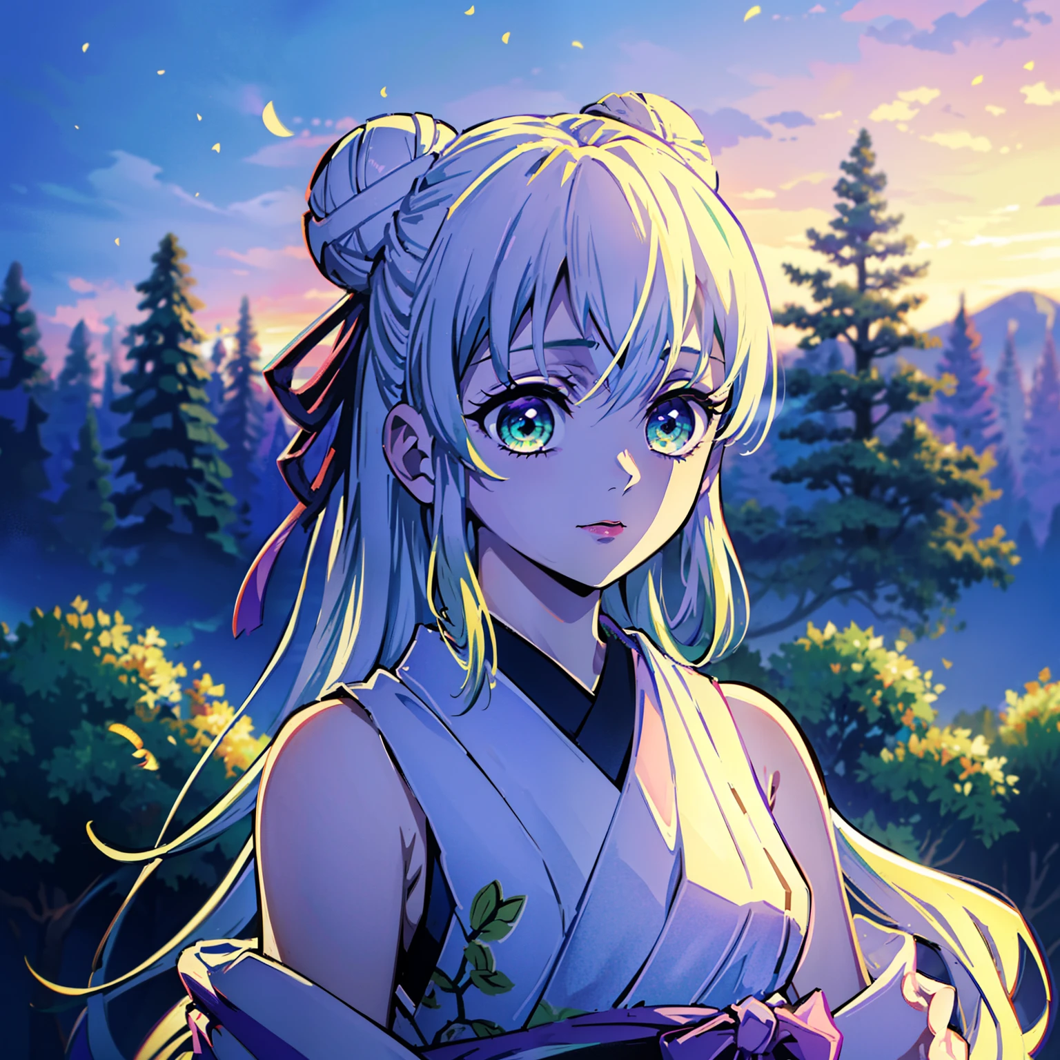 Kimetsu no Yaiba style, (((1girl))), solo, green colored eyes, white colored hair, extra very long hair, double bun, hairpin, Sleeveless lilac kimonos, detached sleeves, Obi Green Belt, painted lips, hair ornament, ssmile, in the woods, Birds fly in the sky, Evening sky, Sundown, Fireflies, Lilac shadows on the eyelids, makeup, ((Masterpiece)), ((portraite of a)), in a Japanese house, (tmasterpiece), (beste-Qualit), (overdetalization),(straight hair),(illustartion), (a 1girl), (trendy clothes), stands, Model, looks at the viewer, (interview), (Simple background), beautiful detail eyes, Gentle beautiful face, soaring, (high saturation), (Colorful splashes), Colorful Bubble, (radiance), facial focus, (radiance), better lighting, better shadow, (tmasterpiece, hiquality, beste-Qualit), 8k wall paper, super detaill,