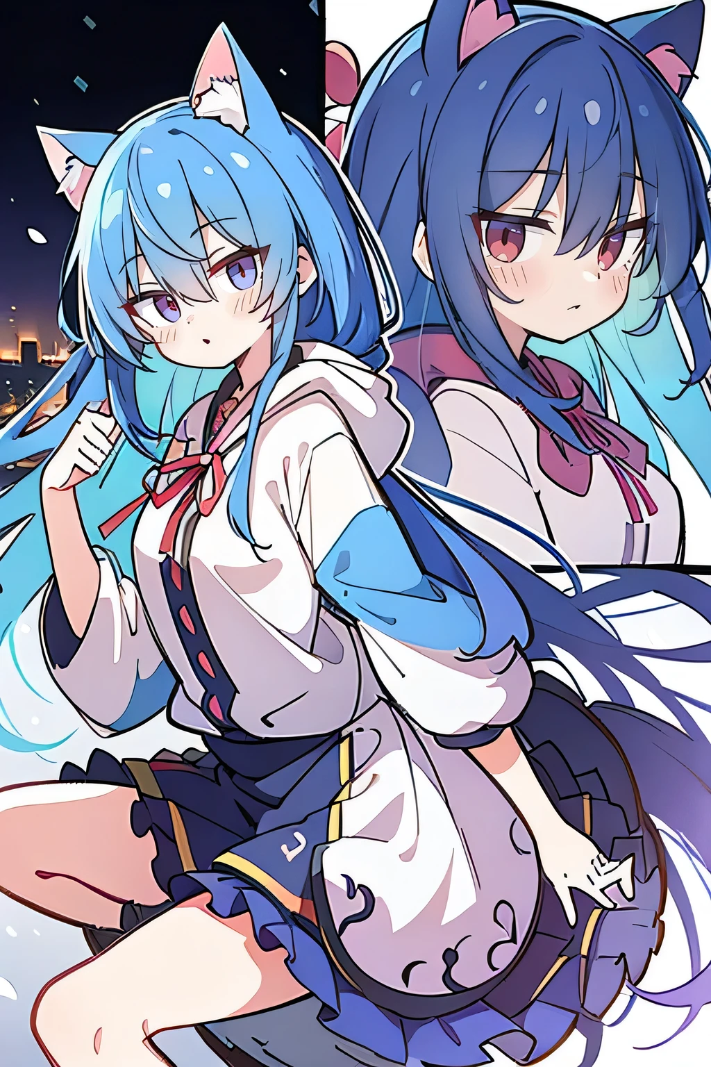 (masterpiece:1.2),Super detailed,lifelike,Expressive eyes,fair skin,perfect face shape,1 girl,
Japanese comics,Gorgeous blue hair,flowing blue hair,flowing clothes,Cat ears,Petals fall,beautiful lola,Baby Angel,sunrise,
Shaking head with one hand,Cross your legs,Gentle and peaceful background,The pavilion is cool and comfortable,smile, wearing hoodie, background of tokyo,back views,snowing, winter.