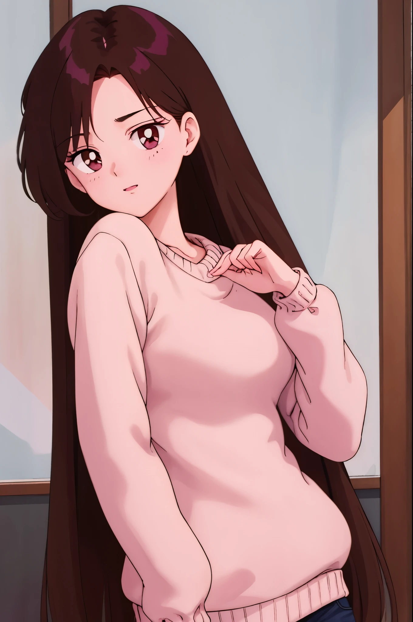 Girl, long brown hair, brown eyes, sharp features, white skin, pink lips, sweater