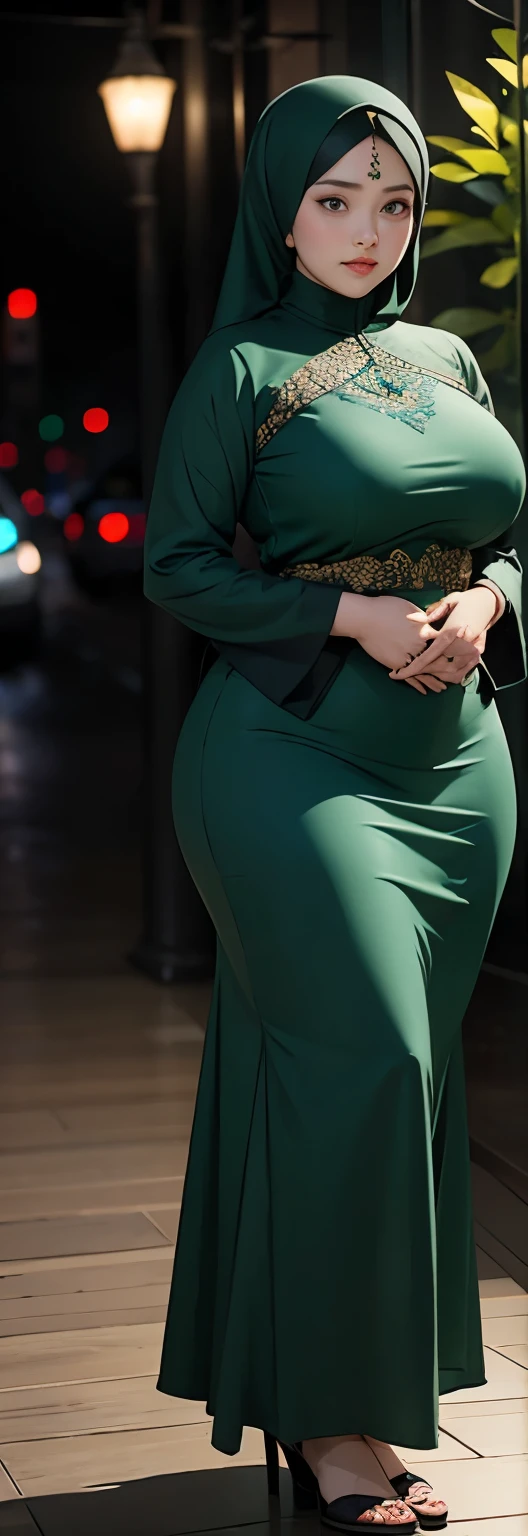 1 malay girl, modern plain hijab, shy, medium portrait, watery eyes, wearing dark green kebaya, ((big breasts)), black bokeh background, well-proportioned body,, chubby massive thighs, full body pose, Hena art on the body, hena art on full body, slightly fat body , voluptuous body , curvy body