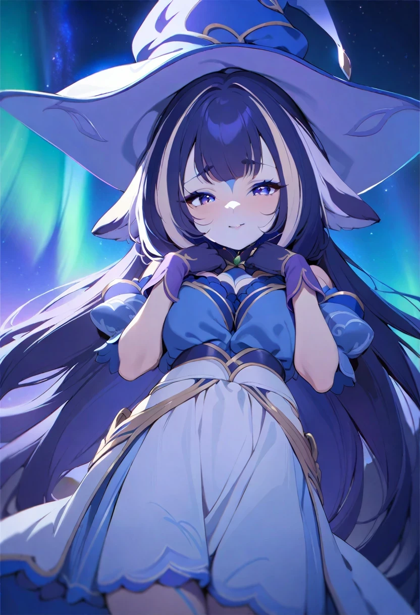 (shylily/(Twich/):1.5),(masterpiece:1.2),(best quality:1.2),, (1girl:1.3),((Masterpiece:1.2, Best quality)), 1girll, Solo, (Witch hat), dress, aurora, Night, Star (sky), mitts, sky, White dress, Night days