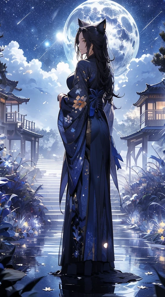 masterpiece, high quality, 4K, Beautiful design long hair,, Back view,silhouette, 非常に詳細な夜のStarry Sky,Flower Field, wonderful, Finer details, Very knowledgeable woman, Highly detailed solo, 1 female,Cat ear,Big Breasts,kimono,Night view,Starry Sky,full moon,