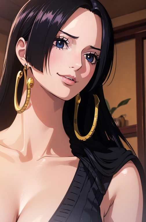 best quality, masterpiece, highly detailed,1girl, Boa Hancock, (masterpiece:1.5), Detailed Photo, Smiling, Sexy, (8K, Photorealistic, Best Quality: 1.4), (1girl), Beautiful Face, (anime realistic Face), (Black Hair, long Hair: 1.3), Beautiful Hairstyle, Realistic eyes, beautiful detail eyes, (realistic skin), beautiful skin, (sweater), absurd, attractive, ultra high resolution, ultra realistic, high definition, golden ratio, (sexually aroused:1.5), wear a white bra