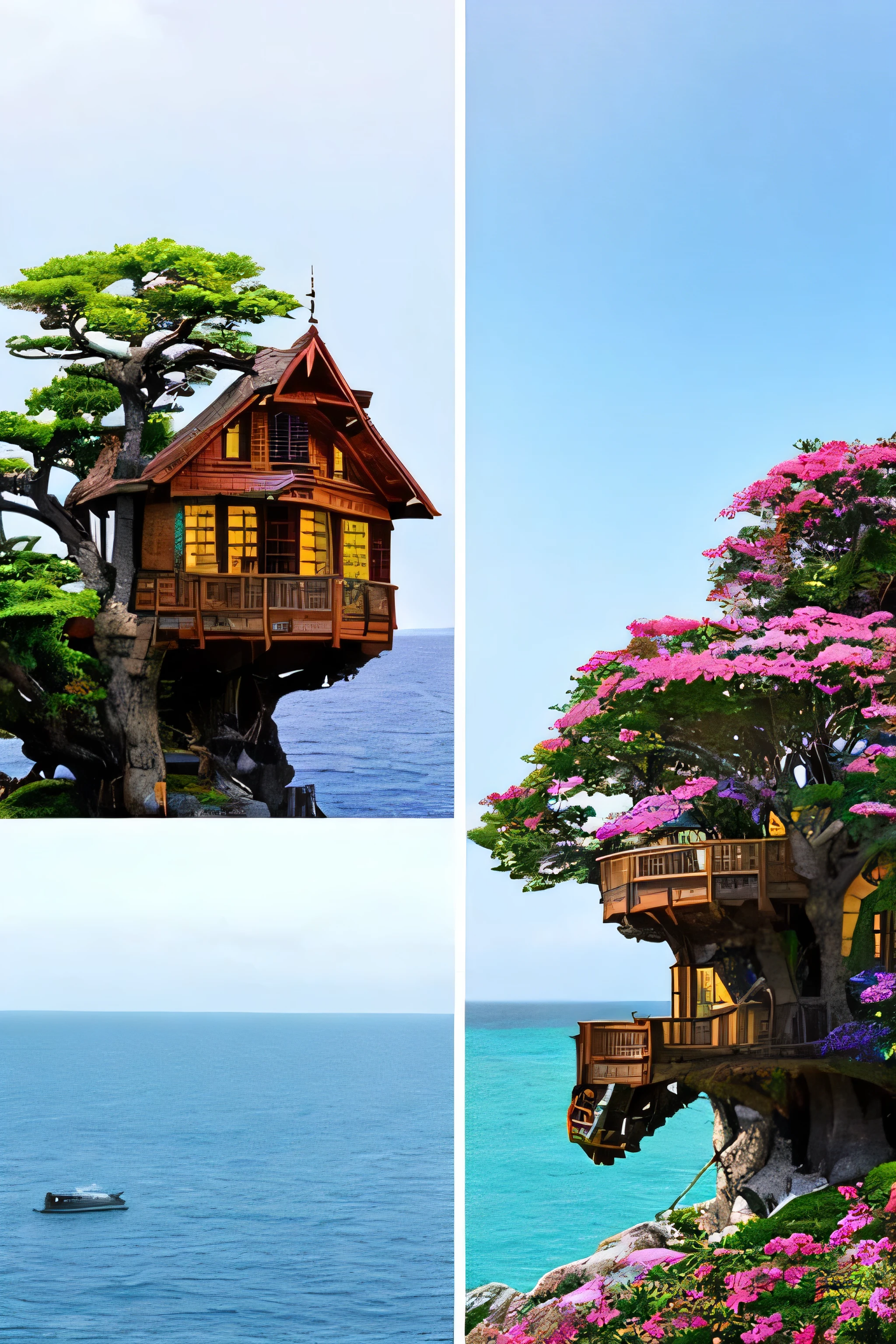 Perfection The Coolest tree house on a large rock in the middle of the sea with flowers in front of the house and trees on both sides of the house
