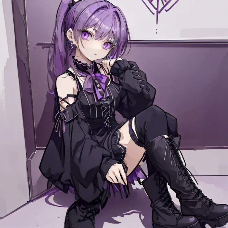 1 girl,Purple Hair,Long Hair,ponytail,Gothic Lolita Costume,Sharp Eyes,Earrings,Shoulder Bare,Miniskirt,Lace-up boots,Mature,cool,gorgeous