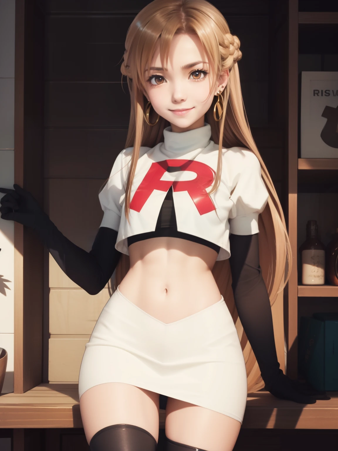 yuuki asuna, kizukiai, brown hair, brown eyes, long hair, medium breast, braid ,earrings, glossy lips ,team rocket uniform, red letter R, white skirt,white crop top,black thigh-high boots, black elbow gloves, evil smile