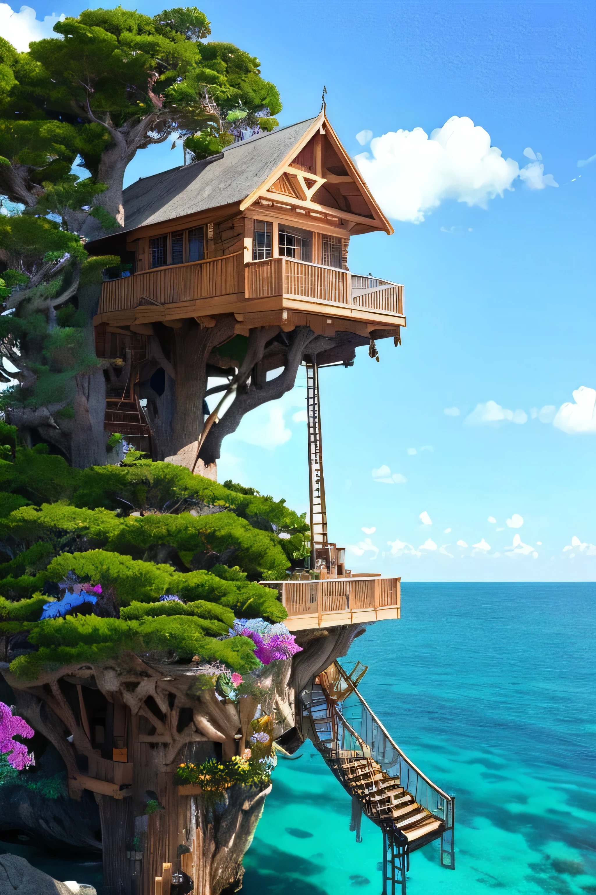 Perfection The Coolest tree house on a large rock in the middle of the sea with flowers in front of the house and trees on both sides of the house
