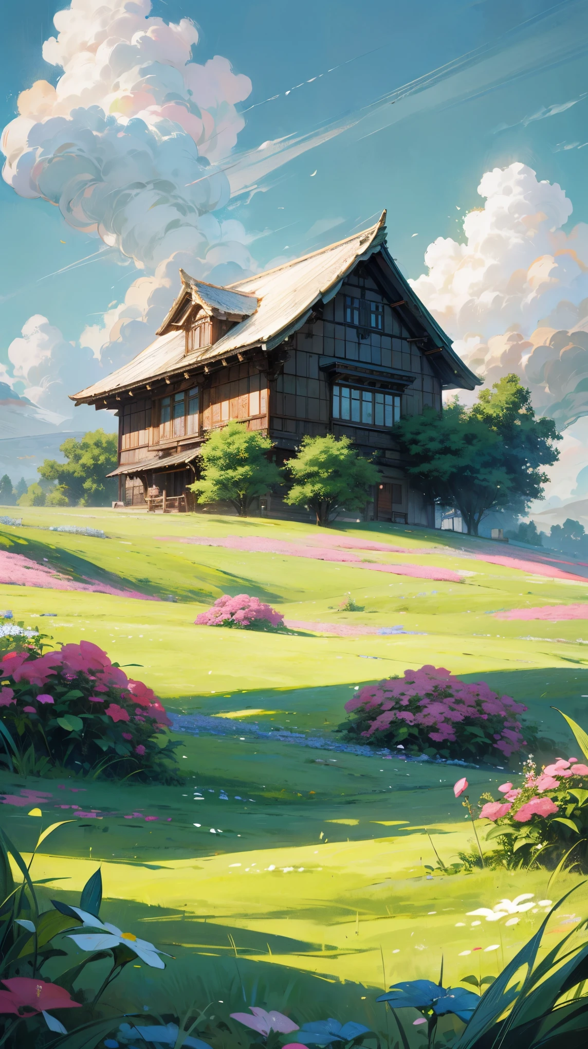 HD high definition, high definition, thick meadows, colorful flowers, blue sky, fluffy white clouds and green wood, shimmering in the colors of grass and flowers in the sun, and a house.