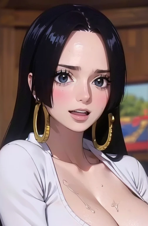 best quality, masterpiece, highly detailed,1girl, Boa Hancock, (masterpiece:1.5), Detailed Photo, Smiling, Sexy, (8K, Photorealistic, Best Quality: 1.4), (1girl), Beautiful Face, (anime realistic Face), (Black Hair, long Hair: 1.3), Beautiful Hairstyle, Realistic eyes, beautiful detail eyes, (realistic skin), beautiful skin, (sweater), absurd, attractive, ultra high resolution, ultra realistic, high definition, golden ratio, (sexually aroused:1.5), wear a white bra