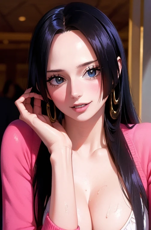 best quality, masterpiece, highly detailed,1girl, Boa Hancock, (masterpiece:1.5), Detailed Photo, Smiling, Sexy, (8K, Photorealistic, Best Quality: 1.4), (1girl), Beautiful Face, (anime realistic Face), (Black Hair, long Hair: 1.3), Beautiful Hairstyle, Realistic eyes, beautiful detail eyes, (realistic skin), beautiful skin, (sweater), absurd, attractive, ultra high resolution, ultra realistic, high definition, golden ratio, (sexually aroused:1.5), wear a white bra