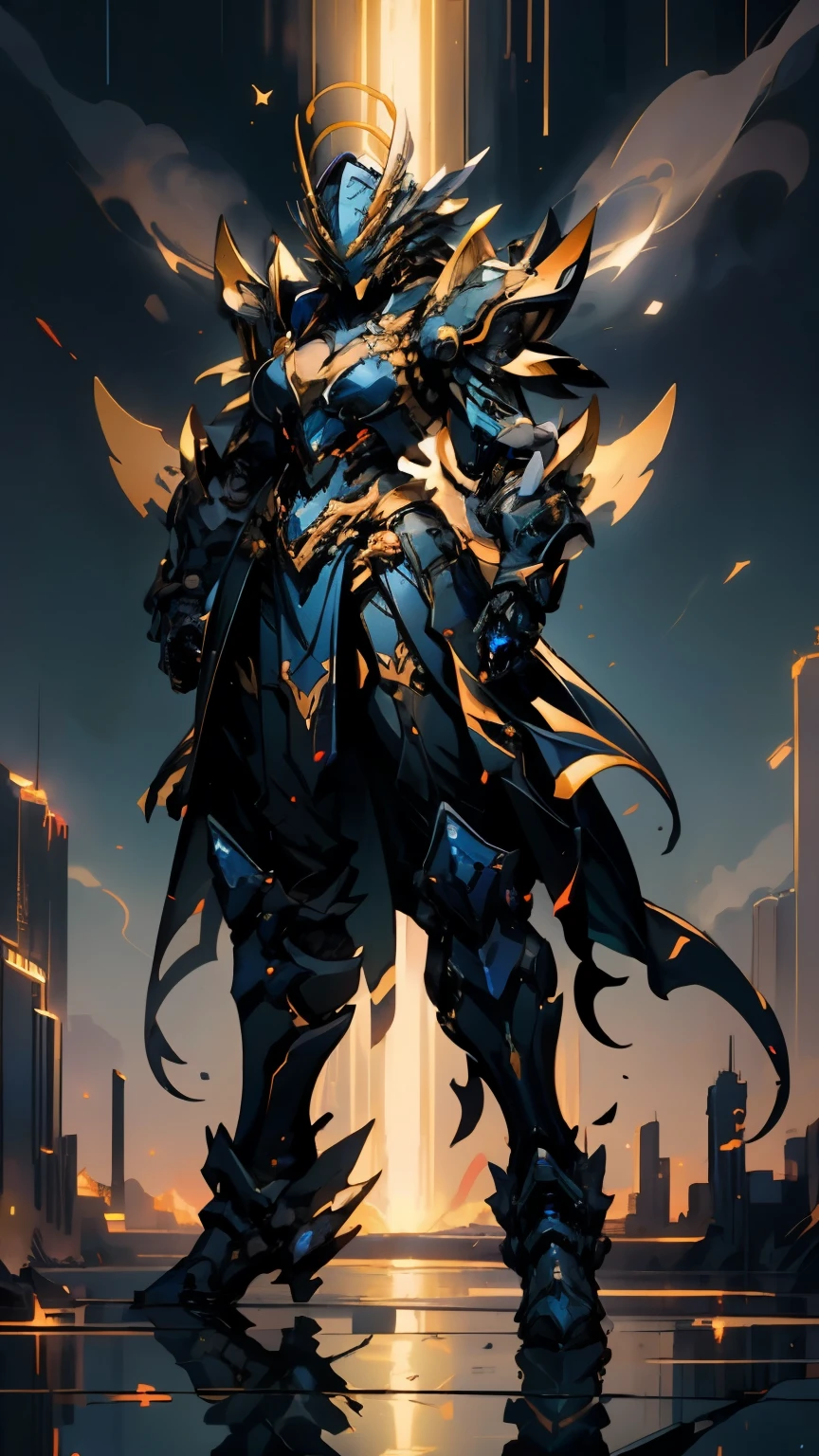 身着奇幻风格的全身盔甲的woman, A Crown Concepts fully enclosed helmet,Only the eyes are exposed, Composite breast plate, Full shoulder and hand protection, Light waist armor, Shin guards, The overall design is durable and flexible, ((The armor shines with golden light, With red and blue accents)), Exudes nobility, She floats above a fantastical, surreal, high-tech city, This character embodies a fantasy surreal armored hero carefully crafted in anime style, Exquisite and mature comic art style, (Queen Bee and Hybrid Concept Armor, plasma, vitality), ((element, elegant, goddess, woman:1.5)), Metal, HD, best quality, high resolution, Super detailed, Super Fine, Extremely refined, professional, Anatomically correct, Symmetrical face, Extremely detailed eyes and face, High quality eyes, creativity, original photo, 超HD, 32k, Natural light, Movie Lighting, masterpiece-anatomy-perfect, masterpiece:1.5