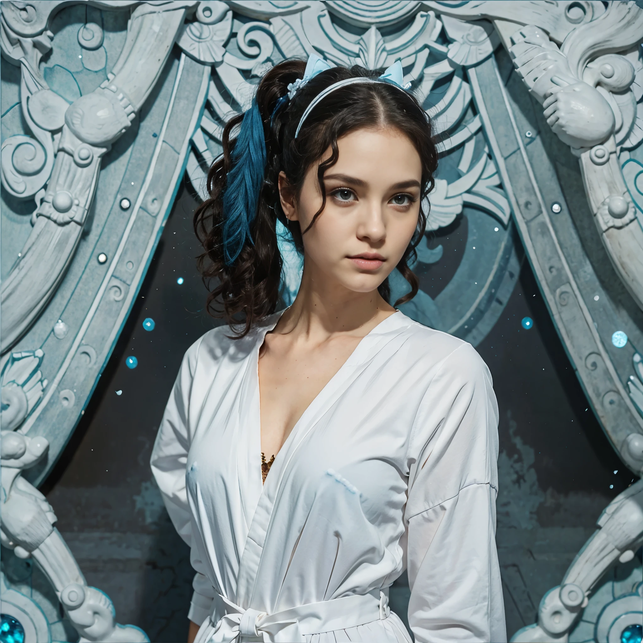Perfect face,Beautiful blue pupils,Cat ear,淡紫色curls,Help with ponytail,Waist-length hair,High cold queen,Behave in a respectful manner,The left side of the hair is long and clipped with a white crescent-shaped hairpin, and the right side is short.(curls),Clothes are mainly blue and white,High waist pants