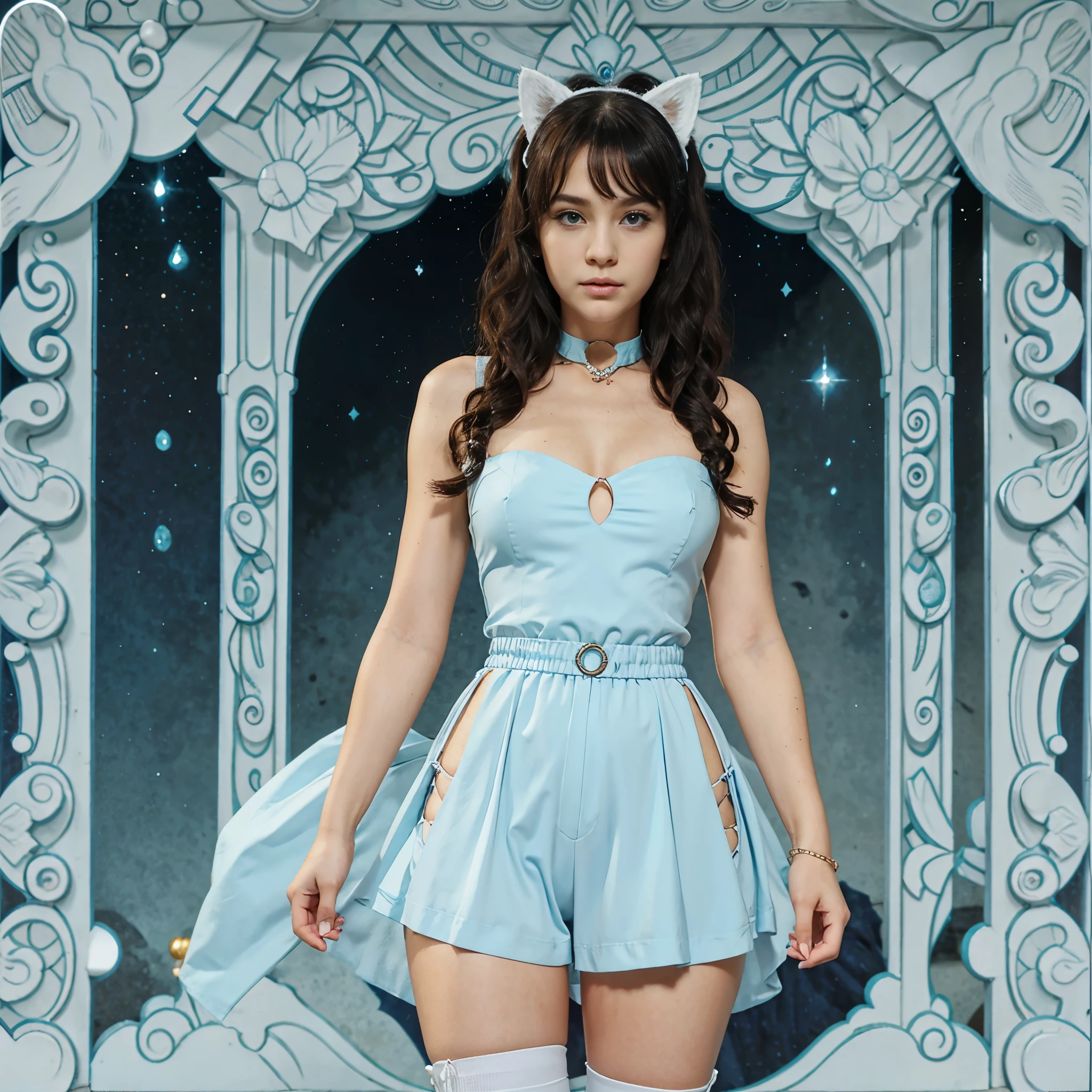 Perfect face，Beautiful blue pupils，Cat ear，淡紫色curls，Help with ponytail，Waist-length hair，High cold queen，Behave in a respectful manner，The left side of the hair is long and clipped with a white crescent-shaped hairpin, and the right side is short.（curls），Clothes are mainly blue and white，High waist pants