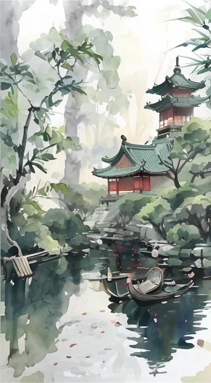 Painting of boat in pond,A pagoda in the background, Chinese Watercolor Painting style, Traditional Chinese Watercolor Painting, Chinese Watercolor Painting, Chinese style景, Digital painting of a pagoda, Chinese Watercolor Painting, Japanese Watercolor Painting, Chinese style, 中traditional Chinese painting风格, Inspired by Kim Hong-do, traditional Chinese painting, Japanese Watercolor Painting, Inspired by Huang Binhong, Watercolor Landscape