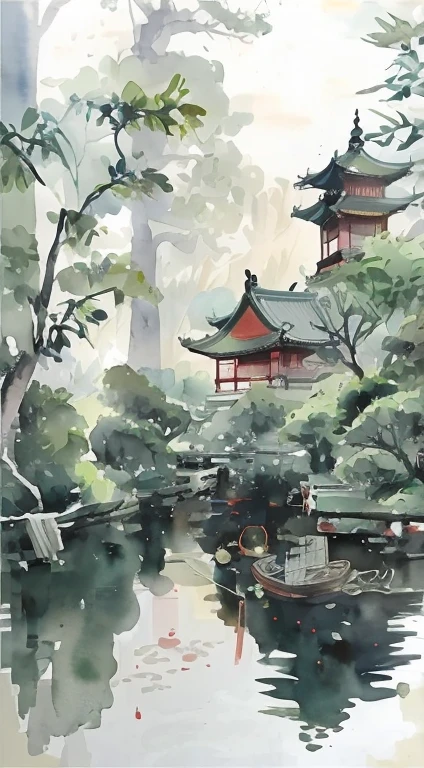 Painting of boat in pond,A pagoda in the background, Chinese Watercolor Painting style, Traditional Chinese Watercolor Painting, Chinese Watercolor Painting, Chinese style景, Digital painting of a pagoda, Chinese Watercolor Painting, Japanese Watercolor Painting, Chinese style, 中traditional Chinese painting风格, Inspired by Kim Hong-do, traditional Chinese painting, Japanese Watercolor Painting, Inspired by Huang Binhong, Watercolor Landscape