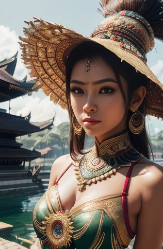 (best quality,4k,8k,highres,masterpiece:1.2),ultra-detailed,(realistic,photorealistic,photo-realistic:1.37), trending on ArtStation, portrait, full-body portrait, An Indonesian-styled futuristic suit worn by a girl depicting cultural fusion and modern fashion. The suit is adorned with intricate patterns and vibrant colors, showcasing the rich heritage of Indonesia. The girl stands confidently in a dynamic pose, with her detailed eyes reflecting determination and curiosity. The suit's material is a combination of traditional textiles and futuristic synthetic fabrics, giving it a unique and avant-garde appearance. The overall image quality is of the highest standard, with sharp focus and ultra-detailed rendering. The artwork employs physically-based rendering techniques, resulting in realistic lighting and shadows. The colors are vivid and vibrant, capturing the essence of Indonesian cultural aesthetics. The background features a fusion of modern architecture and traditional elements, creating a harmonious blend of the past and the future. The prompt explores the intersection of Indonesian culture, futuristic design, and the artistic representation of a confident girl.