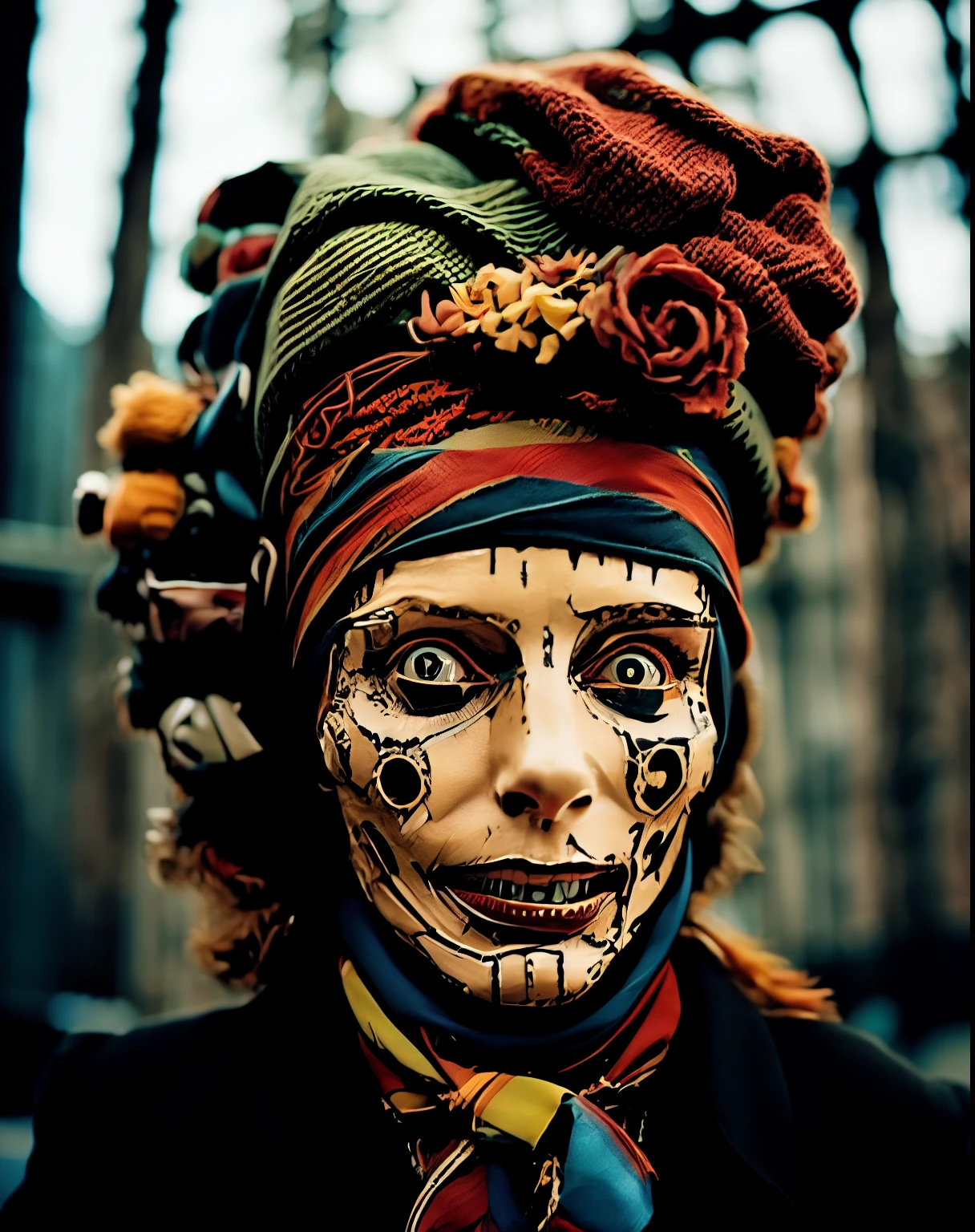 Creepy portrait of a woman in a scarf。Wearing a scarf on her head