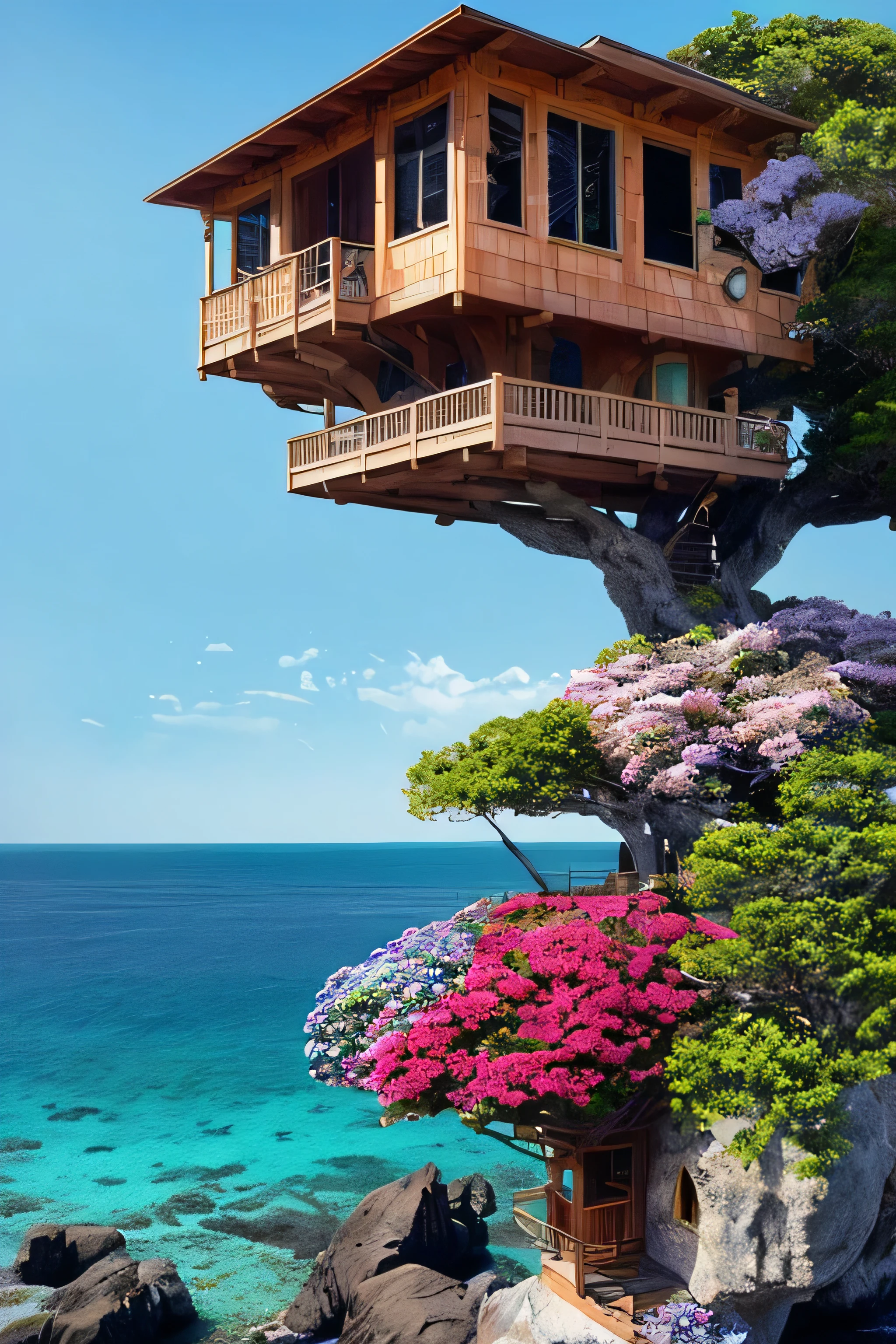 Perfection The Coolest tree house on a large rock in the middle of the sea with flowers in front of the house and trees on both sides of the house
