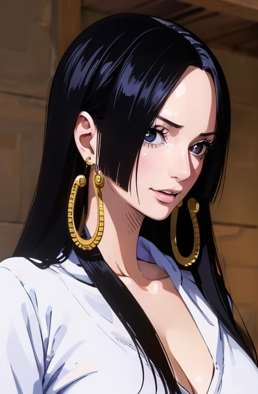 best quality, masterpiece, highly detailed,1girl, Boa Hancock, (masterpiece:1.5), Detailed Photo, Smiling, Sexy, (8K, Photorealistic, Best Quality: 1.4), (1girl), Beautiful Face, (anime realistic Face), (Black Hair, long Hair: 1.3), Beautiful Hairstyle, Realistic eyes, beautiful detail eyes, (realistic skin), beautiful skin, (sweater), absurd, attractive, ultra high resolution, ultra realistic, high definition, golden ratio, (sexually aroused:1.5), wear a white bra