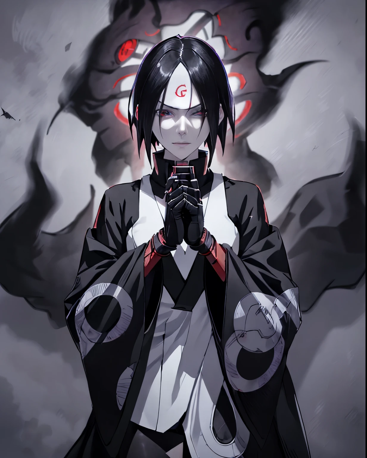 Sasuke uchiha with sharingan eyes, Robot, drone, science fiction, no human, xeno, tall slender person, athletic, pale skin, white skin, short purple hair, red eyes, crazy smile, robotic face, red display, round face, robotic wings, robotic limbs, sharp long claws, white tight shirt, open shoulder, sleeves, white gloves, tight clothe, armor skirt, metal boots, high boots, black sun, red sunlight, looking at viewer, angry, intimidating gaze, drawing style, dynamic light, ultra detail, extremely detailed CG, micro intricate, highly detailed skin, highly detailed face, (best quality,highres,ultra-detailed,realistic:1.37),portrait,studio lighting,black and white,moody,sasuke uchiha,action pose,dark clothes,half closed eyes,intense expression,wind-blown hair,sharingan eyes,sharp focus,background:konoha village,hidden leaf village symbol,smoke effect,blurry foreground