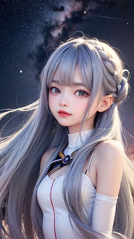 (highest quality, masterpiece), One Girl, Twin tails、stop temporarily, particle, Wind, flower, Upper Body, Simple Background, View your audience, , milky way,smile、Turquoise Eyes、(Silver long hair)、Red eyeshadow、flower柄、See-through、White bodysuit king、Braid、Twin tails、Wind、Crescent Moon