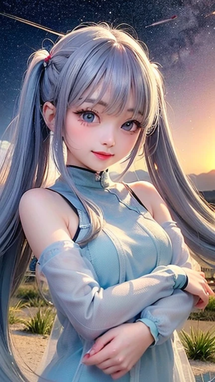(highest quality, masterpiece), One Girl, Twin tails、stop temporarily, particle, Wind, flower, Upper Body, Simple Background, View your audience, , milky way,smile、Turquoise Eyes、(Silver long hair)、Red eyeshadow、flower柄、See-through、White bodysuit king、Braid、Twin tails、Wind、Crescent Moon