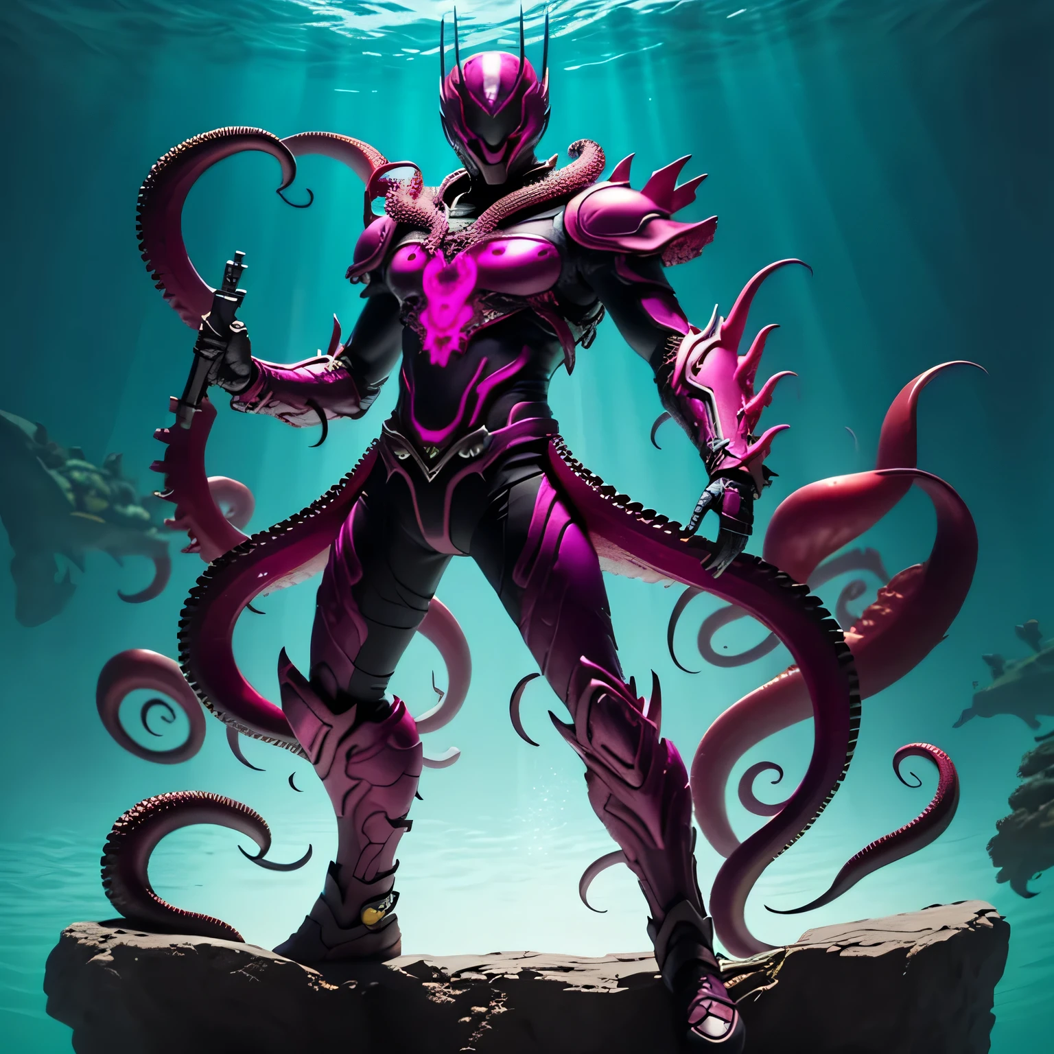 A cinematic medium shot of a dark fantasy character with an intricate long large tentacles coming out from entire body. The character's face is mostly concealed, leaving only a glimpse of their shadowed features. They wear a sleek, reflective red armor outfit with a unique octopus texture. The character is set against a soft lighting.