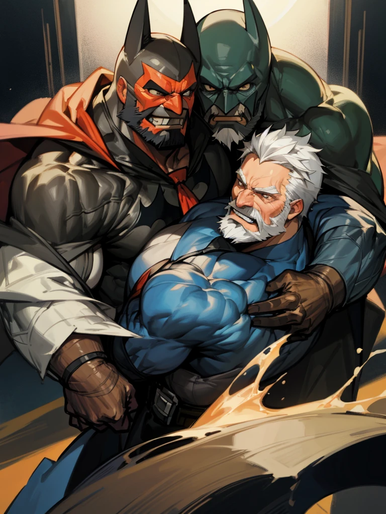 Batman and supermen,beard,big muscle ,mask off,old men